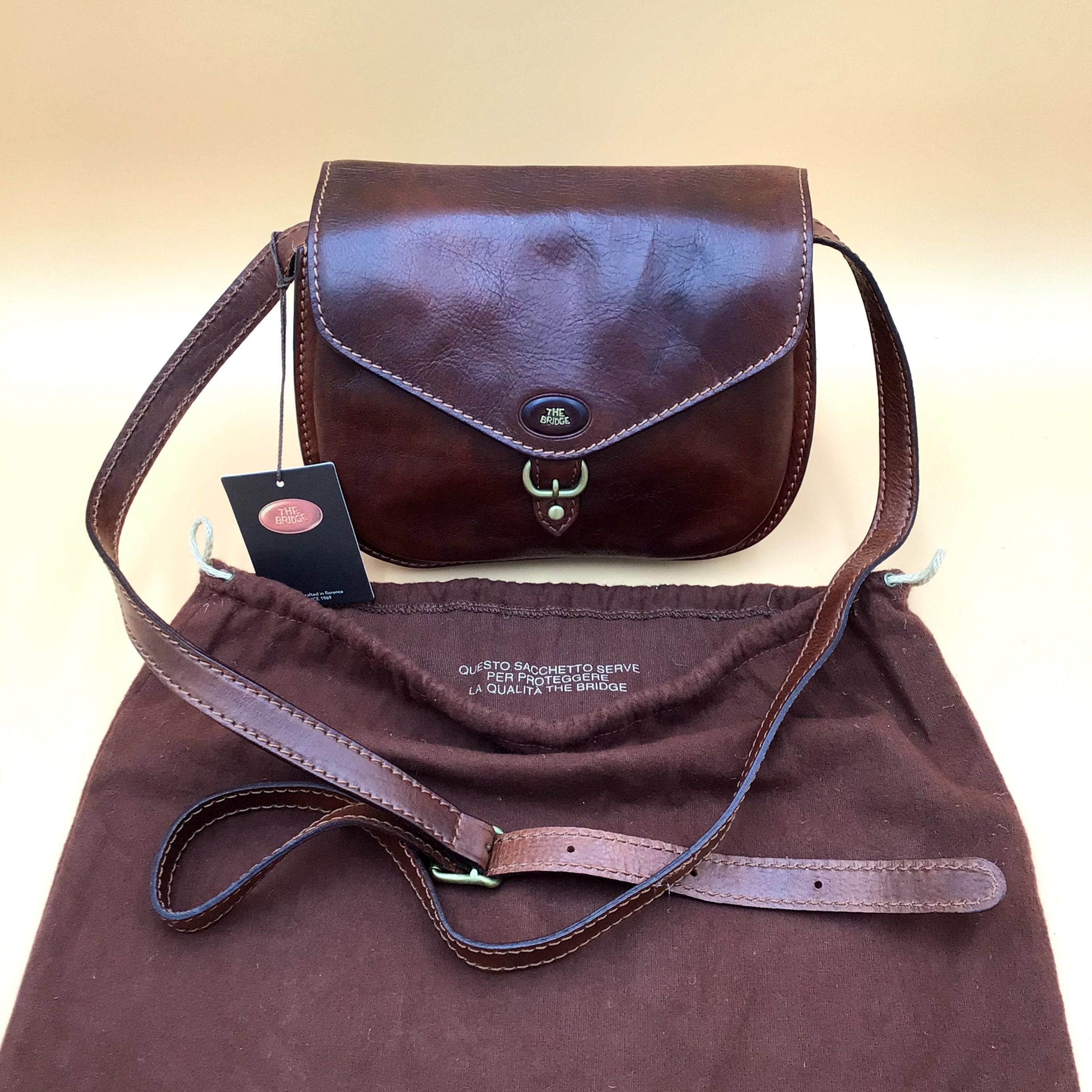The Bridge Borsa a tracolla Vintage 1990 NUOVA pelle Marrone Made in Italy image 7