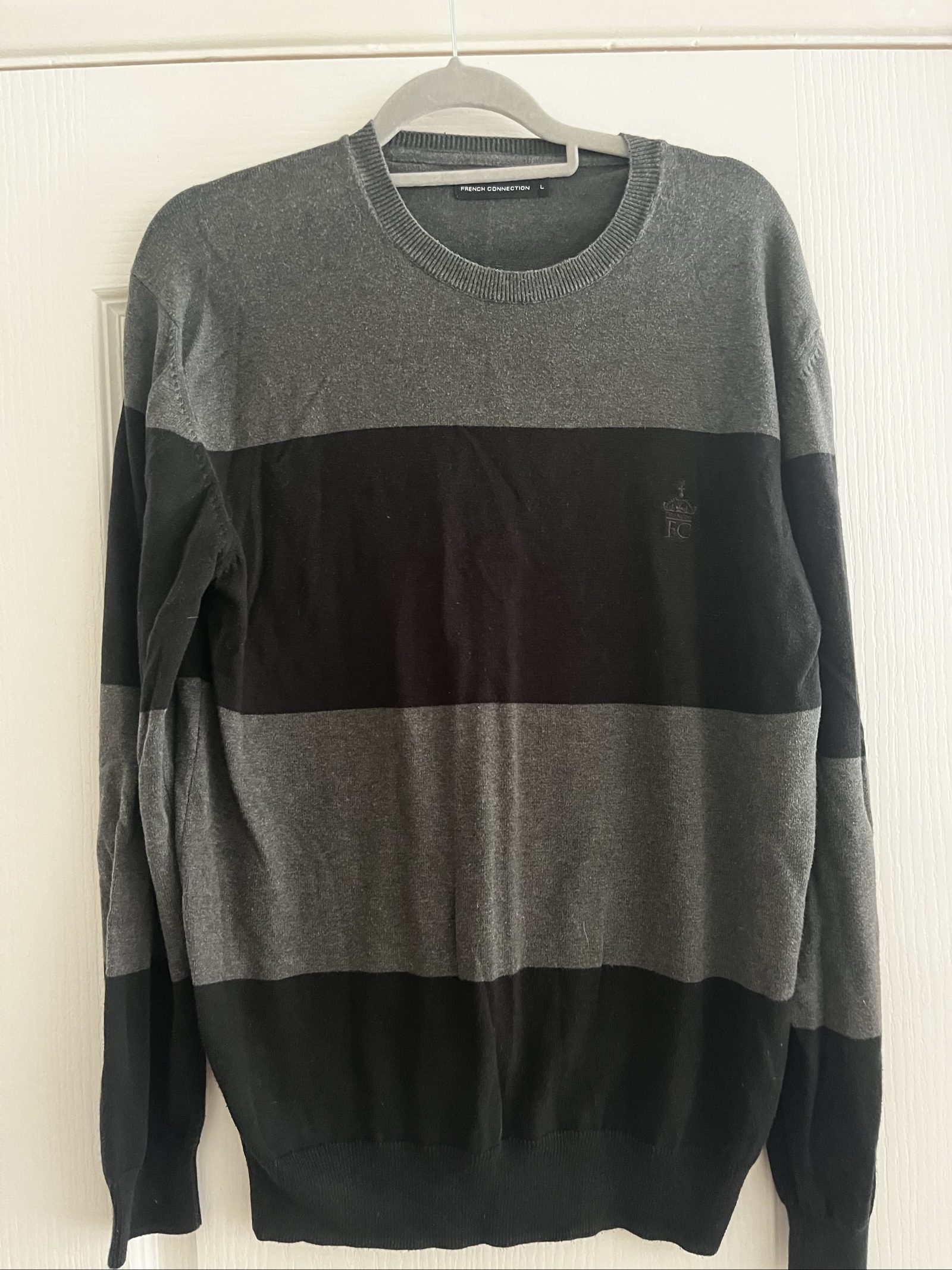 French Connection Men's Black & Grey Cotton Jumper Large