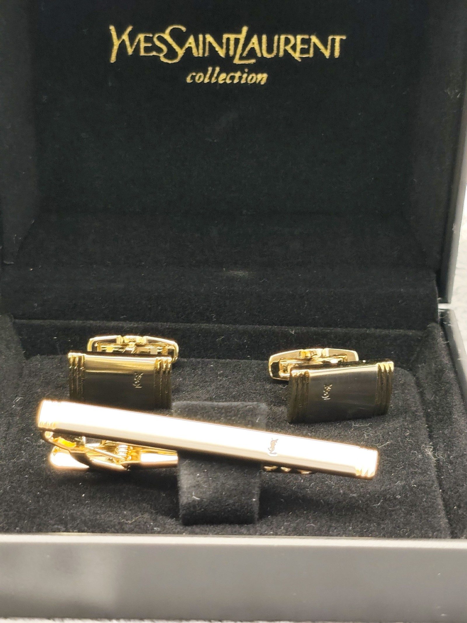 Yves Saint Laurent Gold & Silver Tone Cufflinks & Tie Clip Set image 2