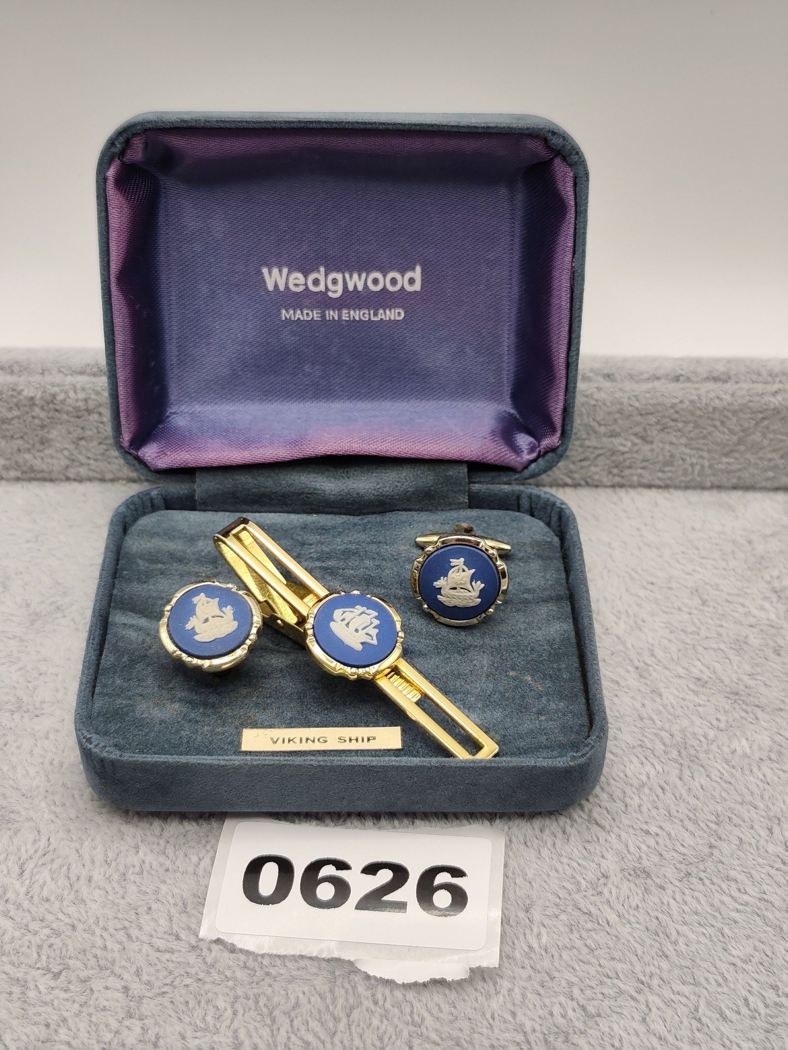 Wedgwood Blue & White Viking Ship Cufflinks & Tie Clip Set