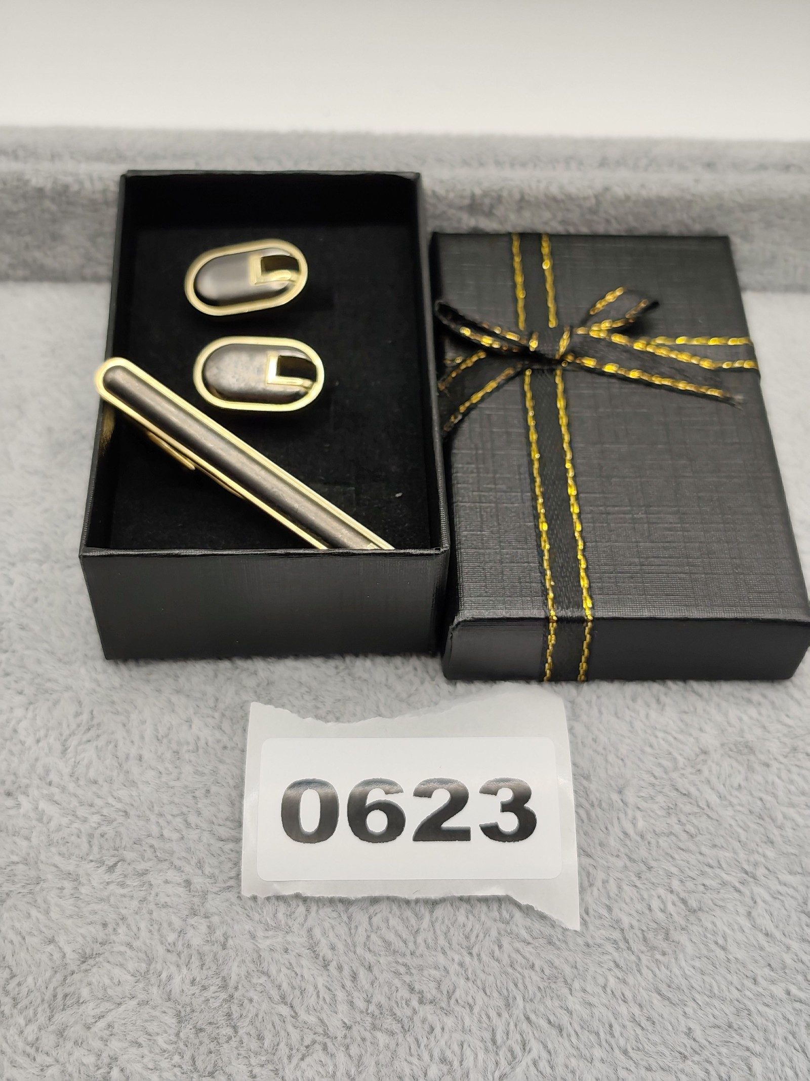 Lancel Vintage Gold & Black Oval Cufflinks & Tie Clip Set