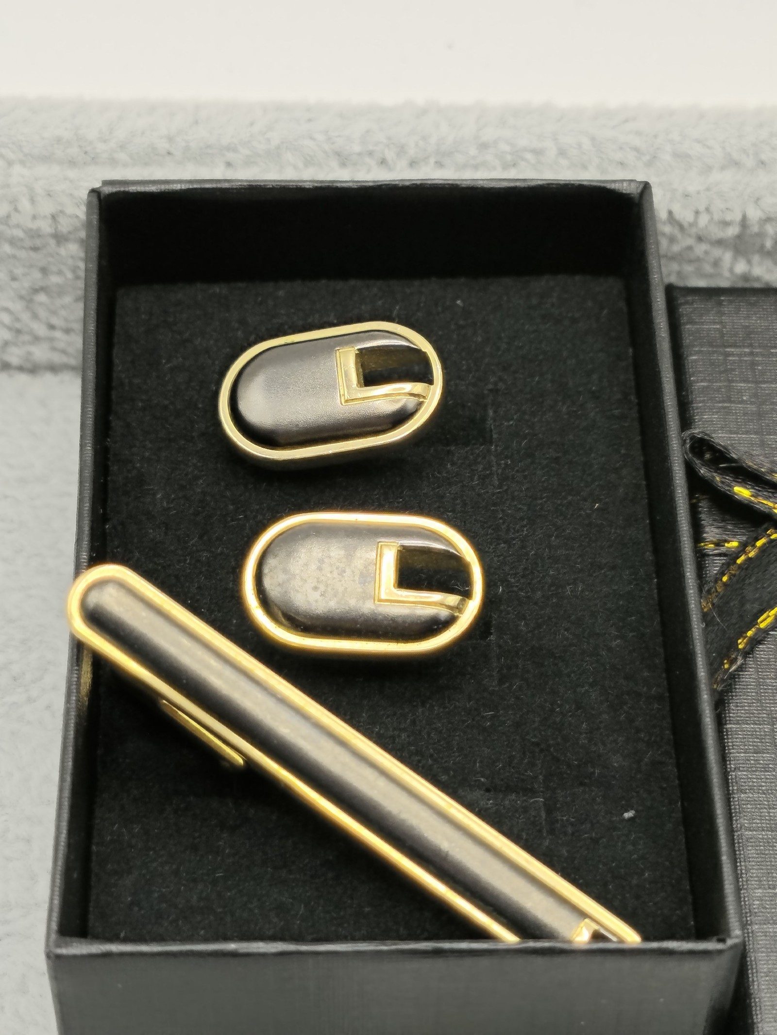 Lancel Vintage Gold & Black Oval Cufflinks & Tie Clip Set image 2