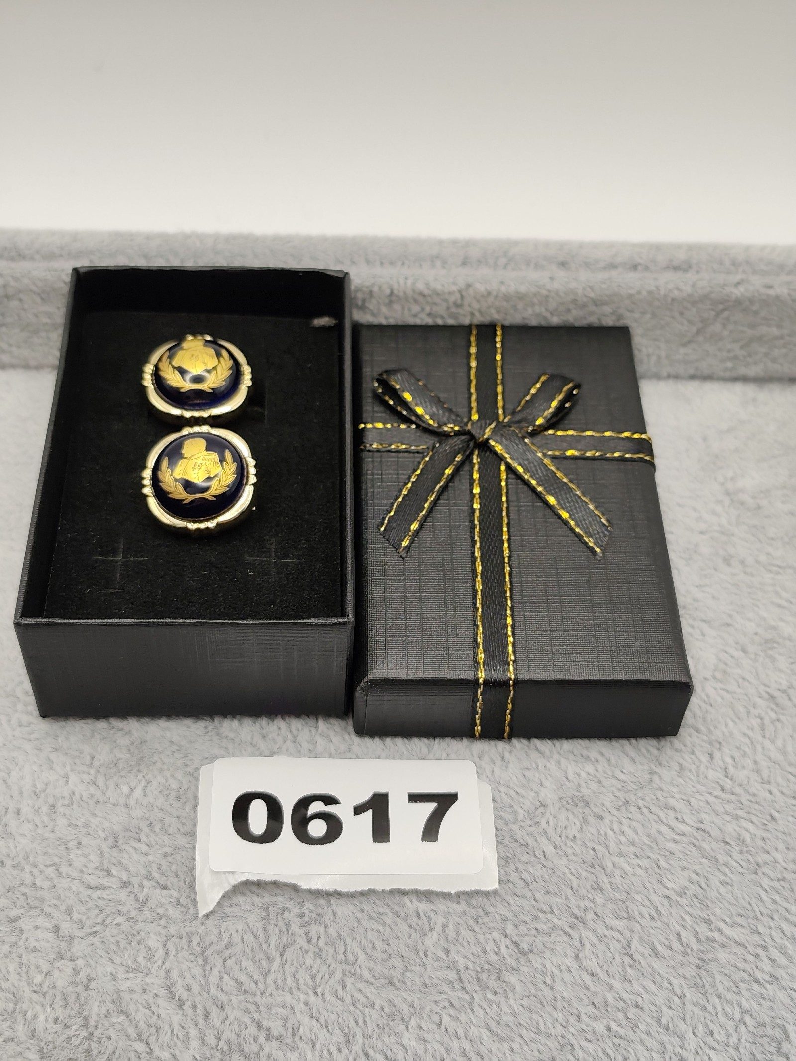 Vintage Gold Tone Navy Blue Enamel Cufflinks with Military Profile Design