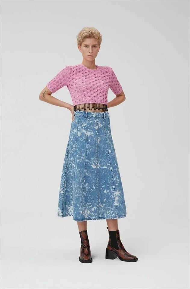 New Ganni Pink Textured Cropped Top with Beaded Fringe Size L image 2