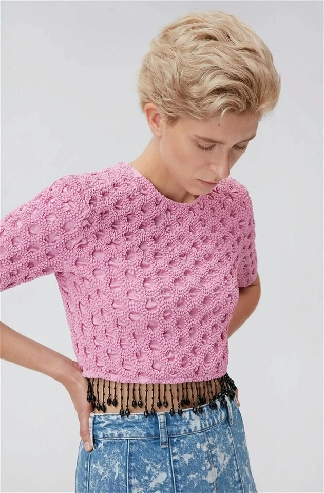 New Ganni Pink Textured Cropped Top with Beaded Fringe Size L image 4