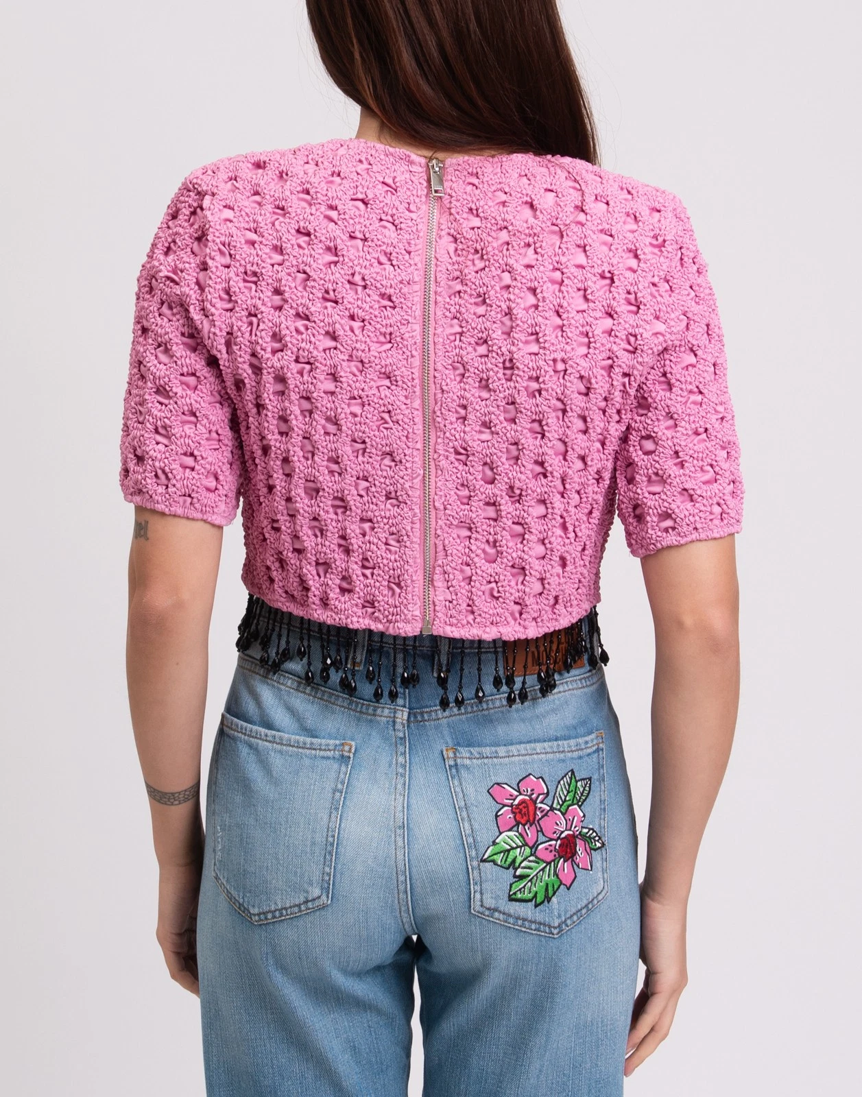 New Ganni Pink Textured Cropped Top with Beaded Fringe Size L image 7