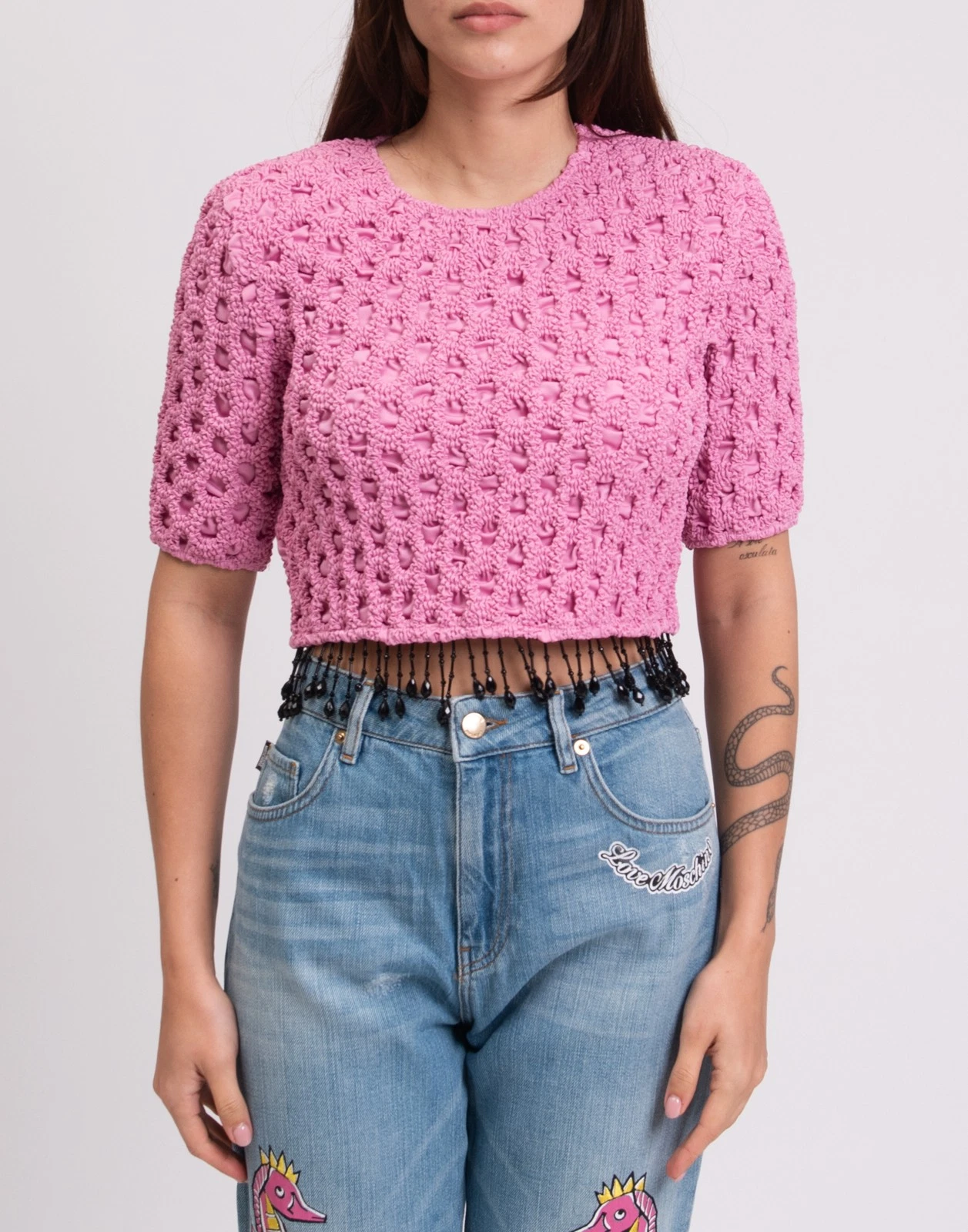 New Ganni Pink Textured Cropped Top with Beaded Fringe Size L image 6
