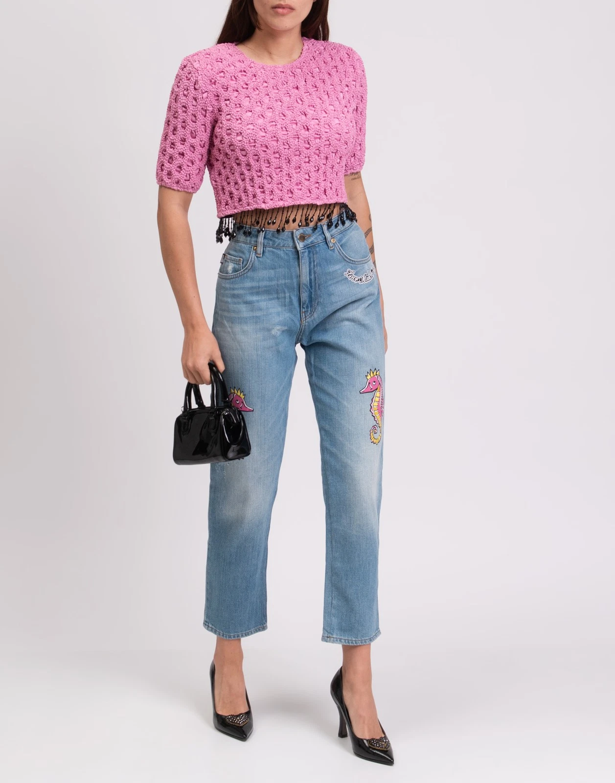New Ganni Pink Textured Cropped Top with Beaded Fringe Size L image 5