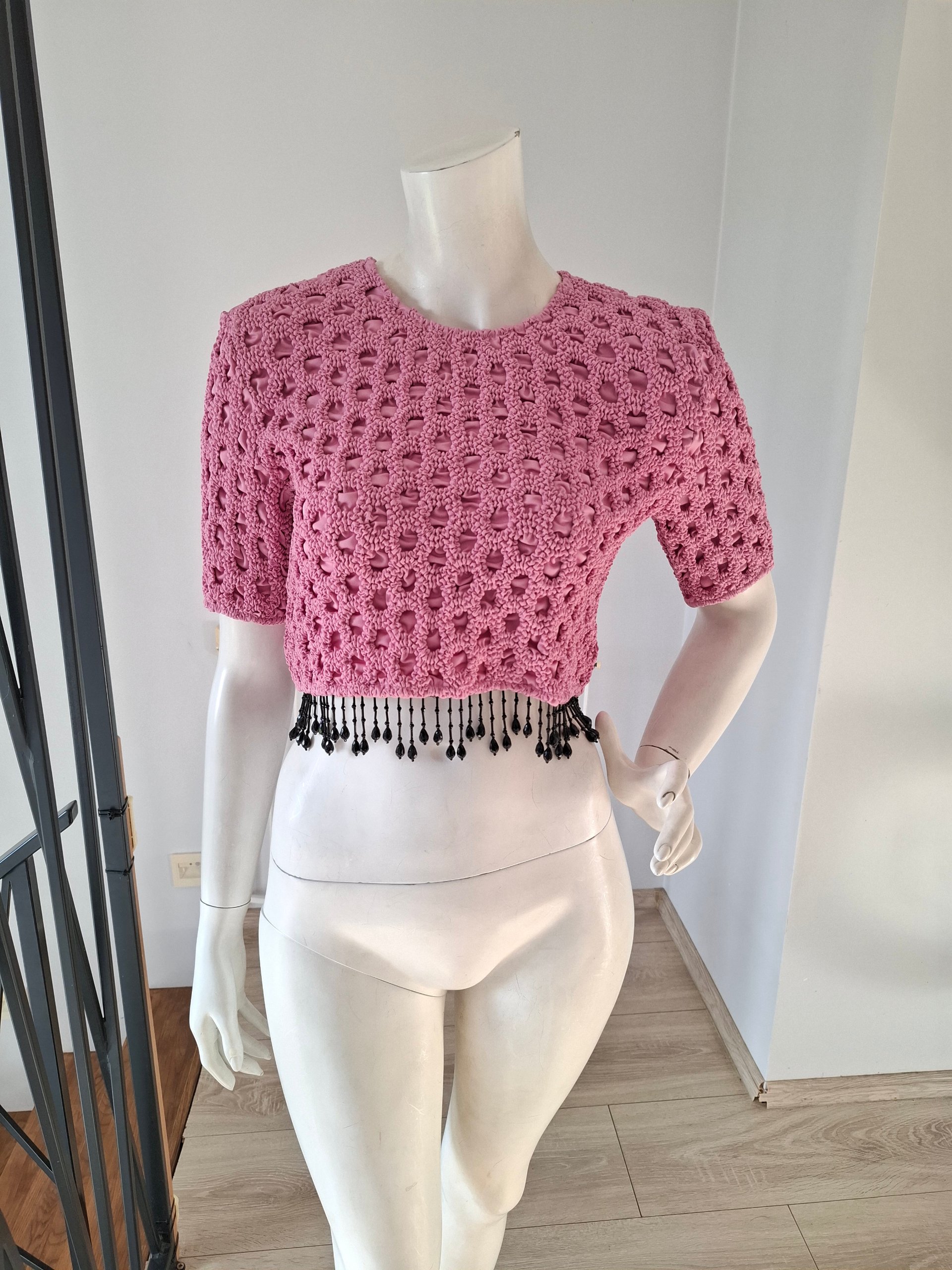 New Ganni Pink Textured Cropped Top with Beaded Fringe Size L image 8