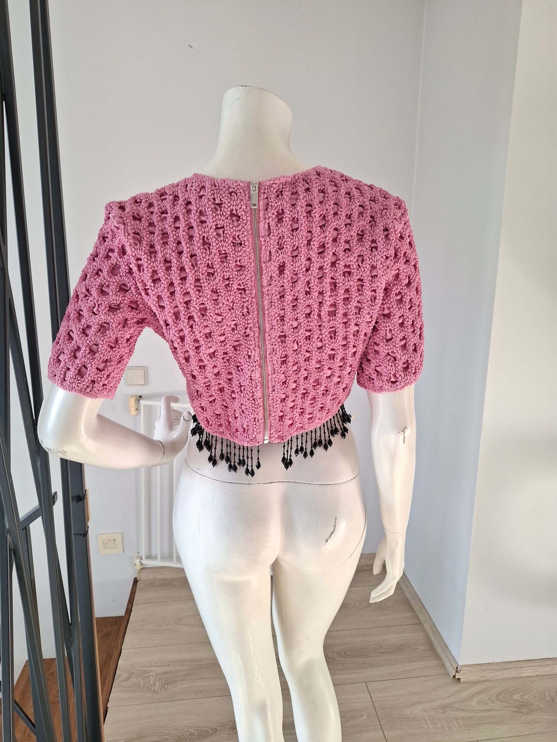 New Ganni Pink Textured Cropped Top with Beaded Fringe Size L image 9