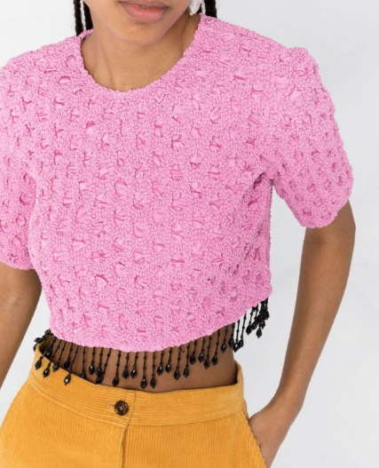 New Ganni Pink Textured Cropped Top with Beaded Fringe Size L image 10