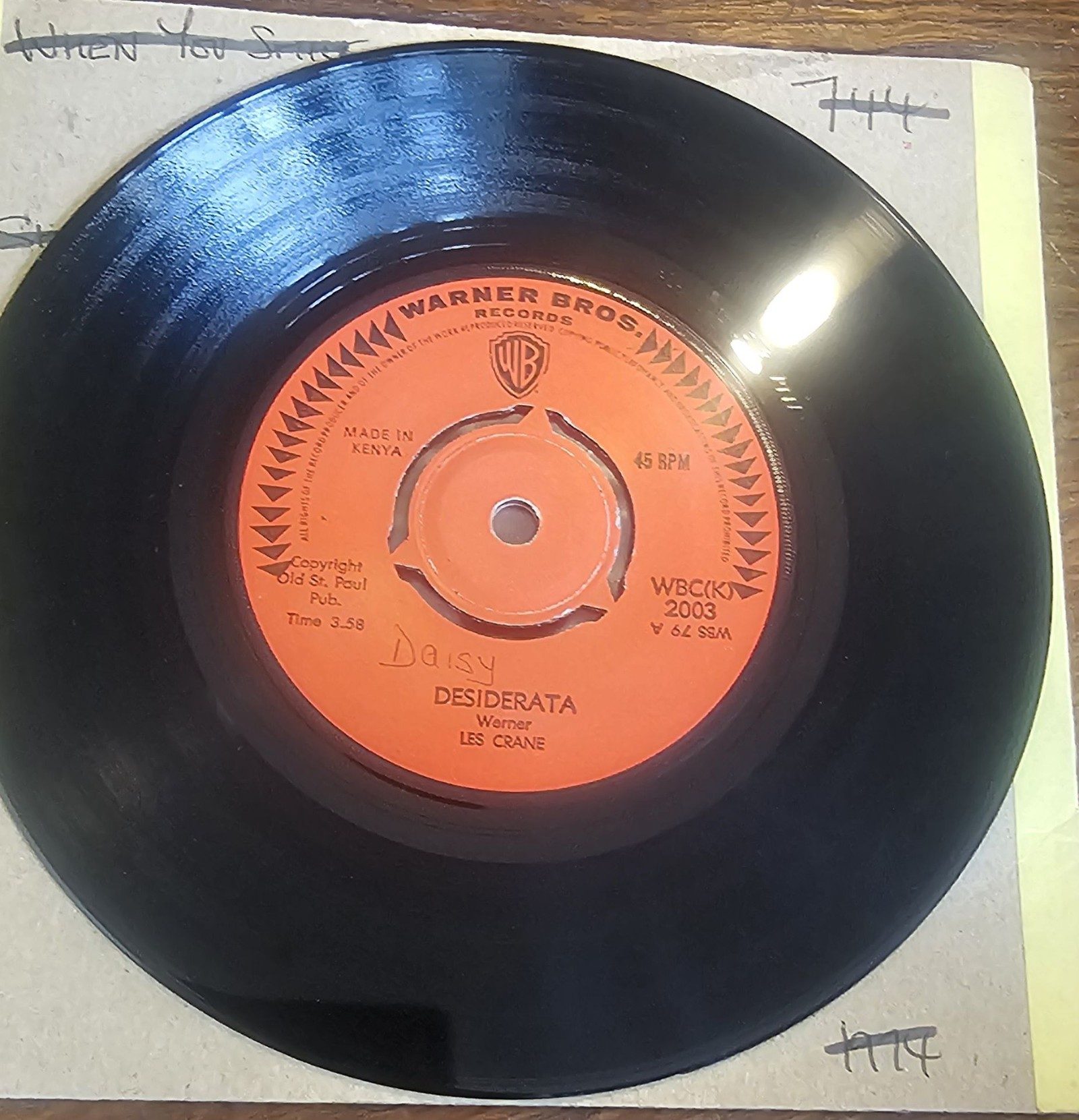 Les Crane Desiderata & A Different Drummer Warner Bros WBC(K) 2003 45RPM KENYA