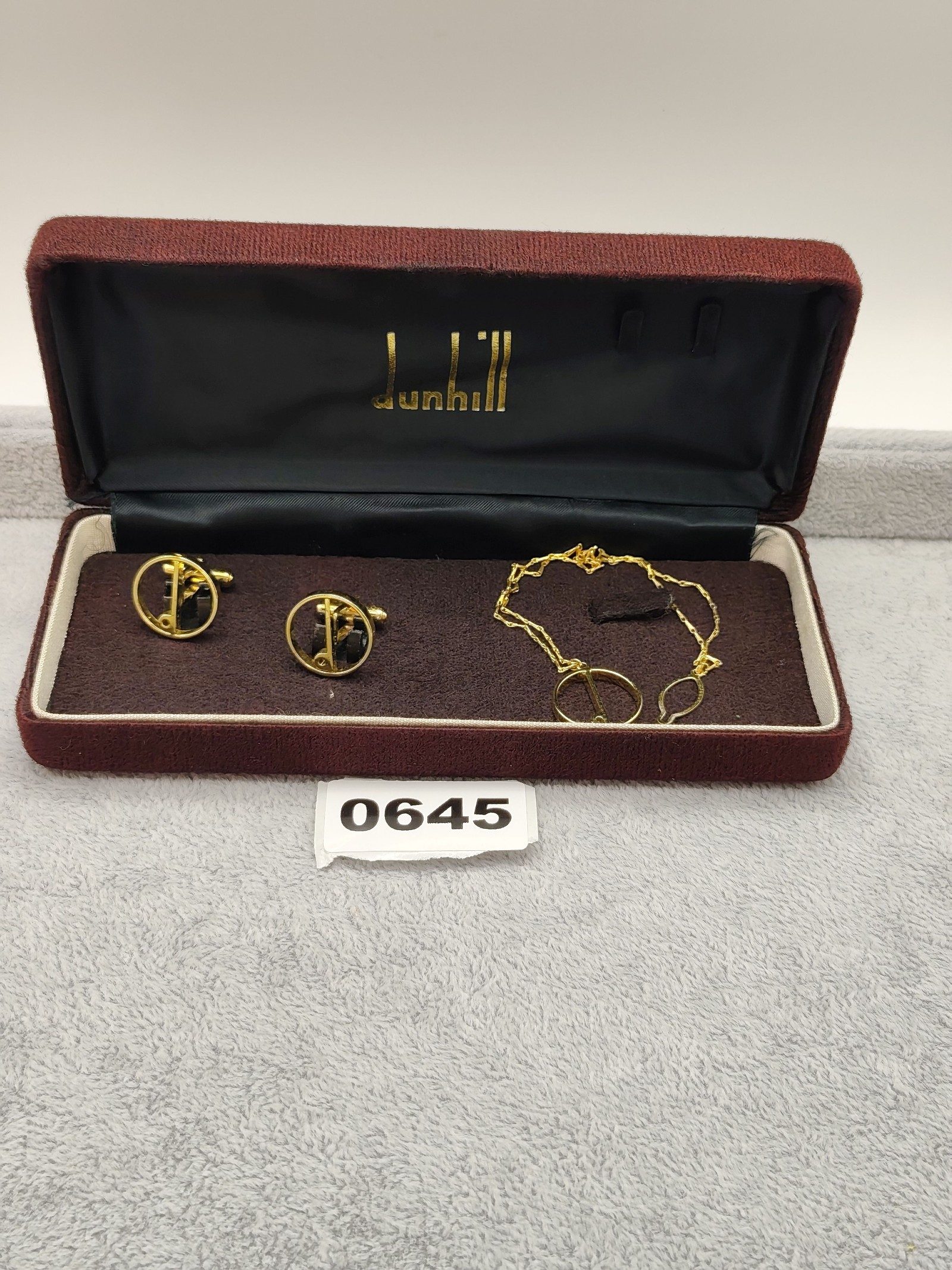 Dunhill Men's Gold Tone Round Cufflinks & Chain in Case