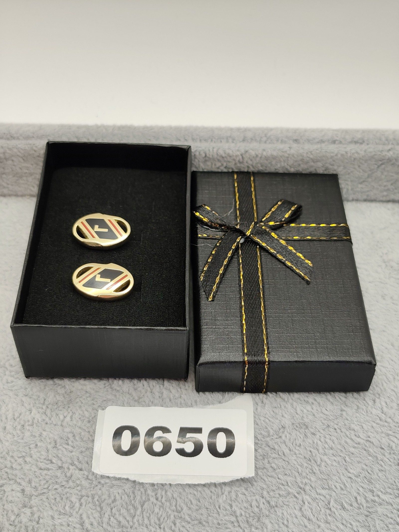 Lancel Gold & Black & Red Logo Oval Cufflinks