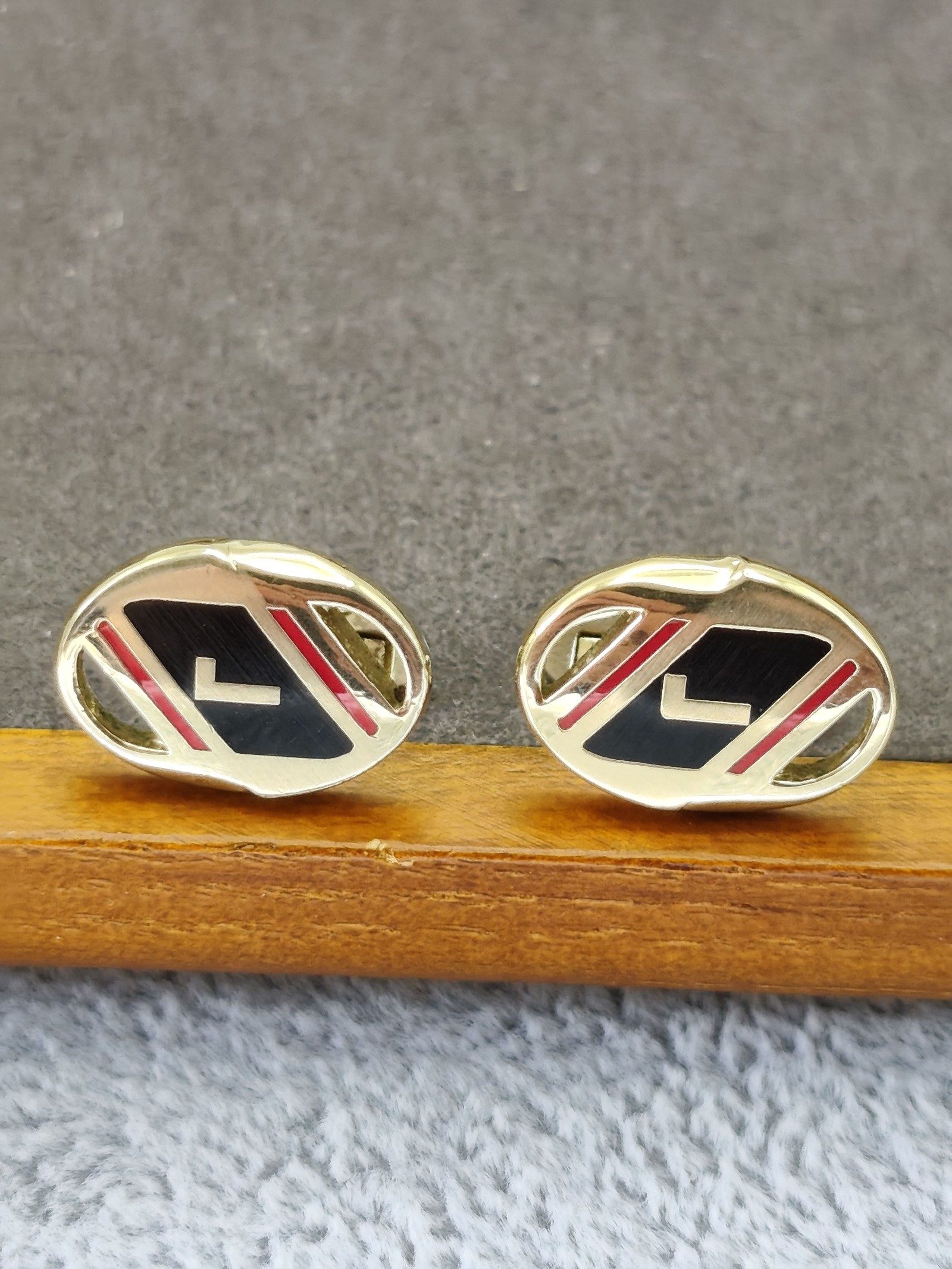 Lancel Gold & Black & Red Logo Oval Cufflinks image 3
