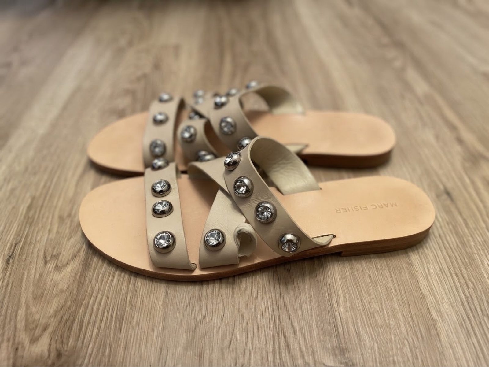 Marc Fisher Beige Studded Leather Slide Sandals