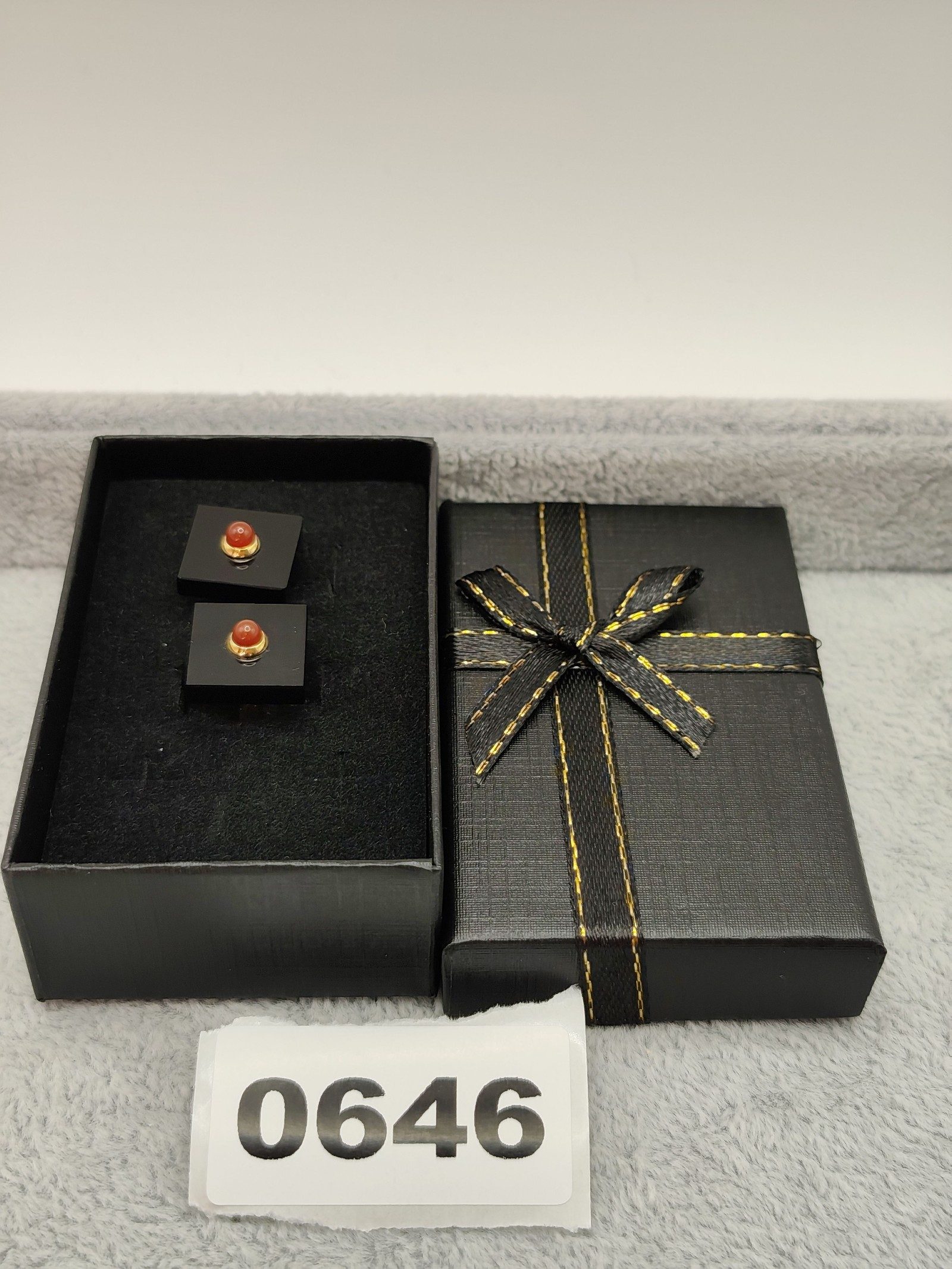 Lanvin Gold Tone & Black Square Red Stone Cufflinks