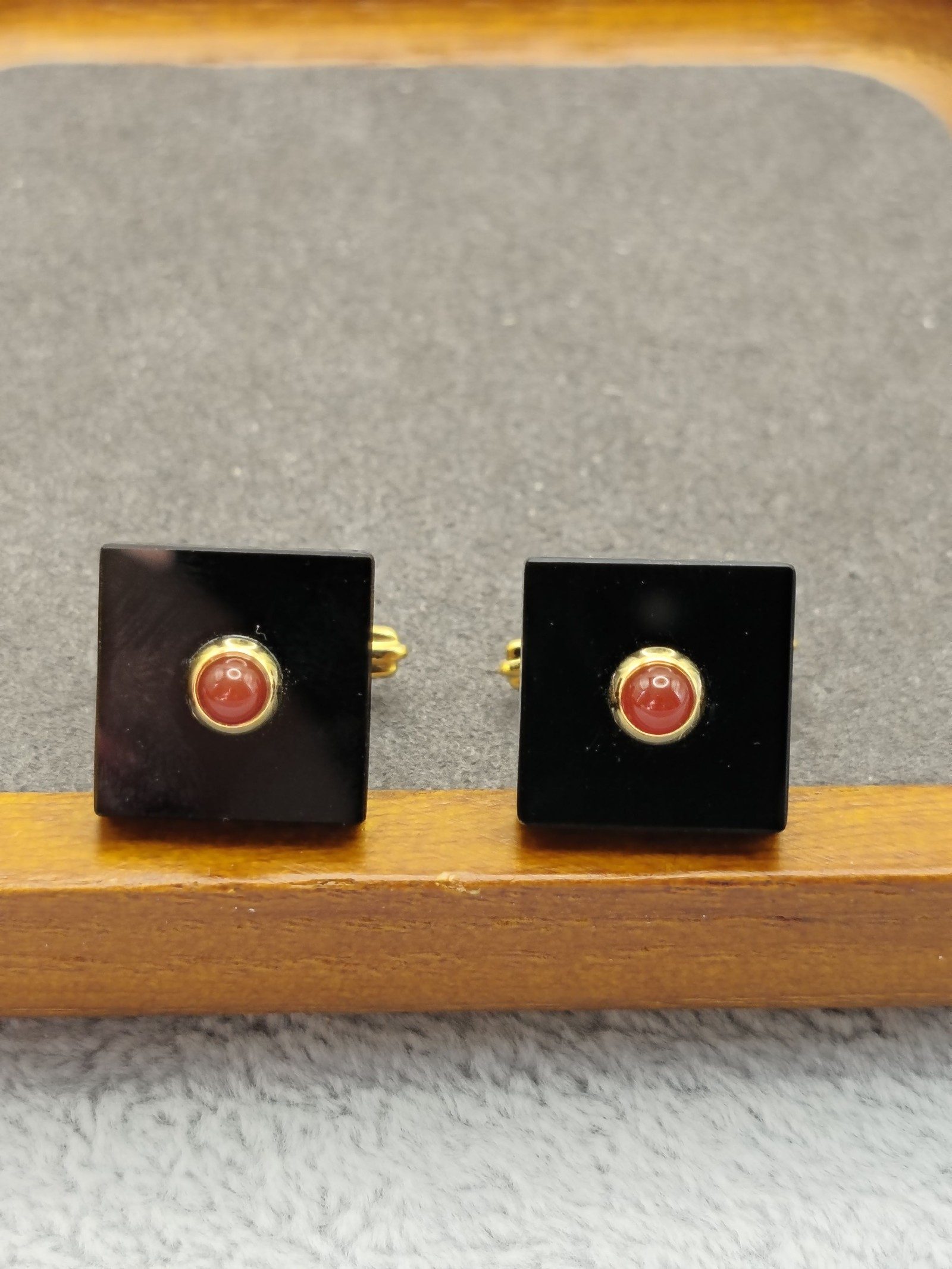 Lanvin Gold Tone & Black Square Red Stone Cufflinks image 3