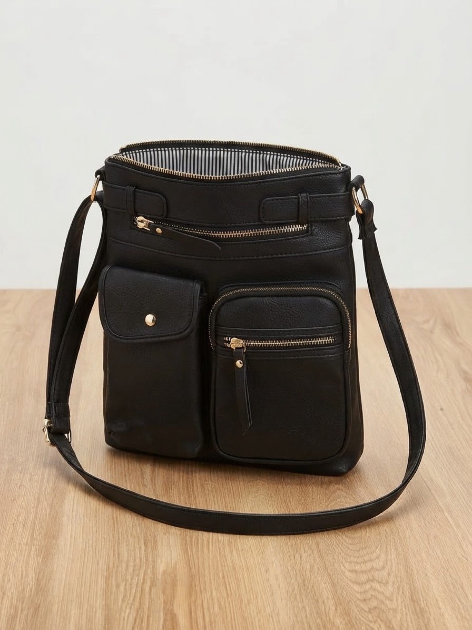 Black Faux Leather Crossbody Bag with Zip Pockets