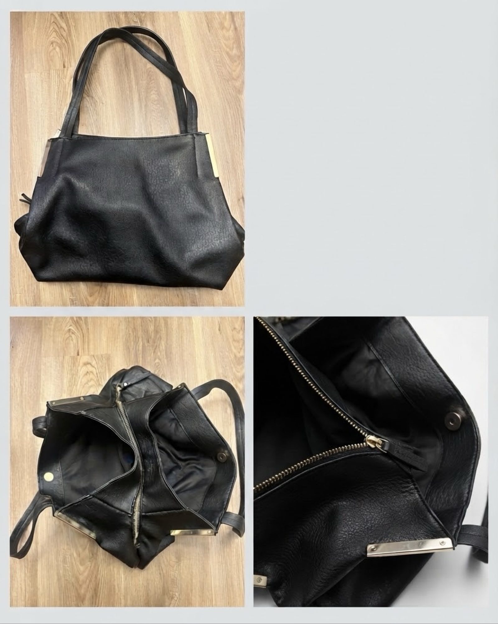 Black Faux Leather Shoulder Tote Bag