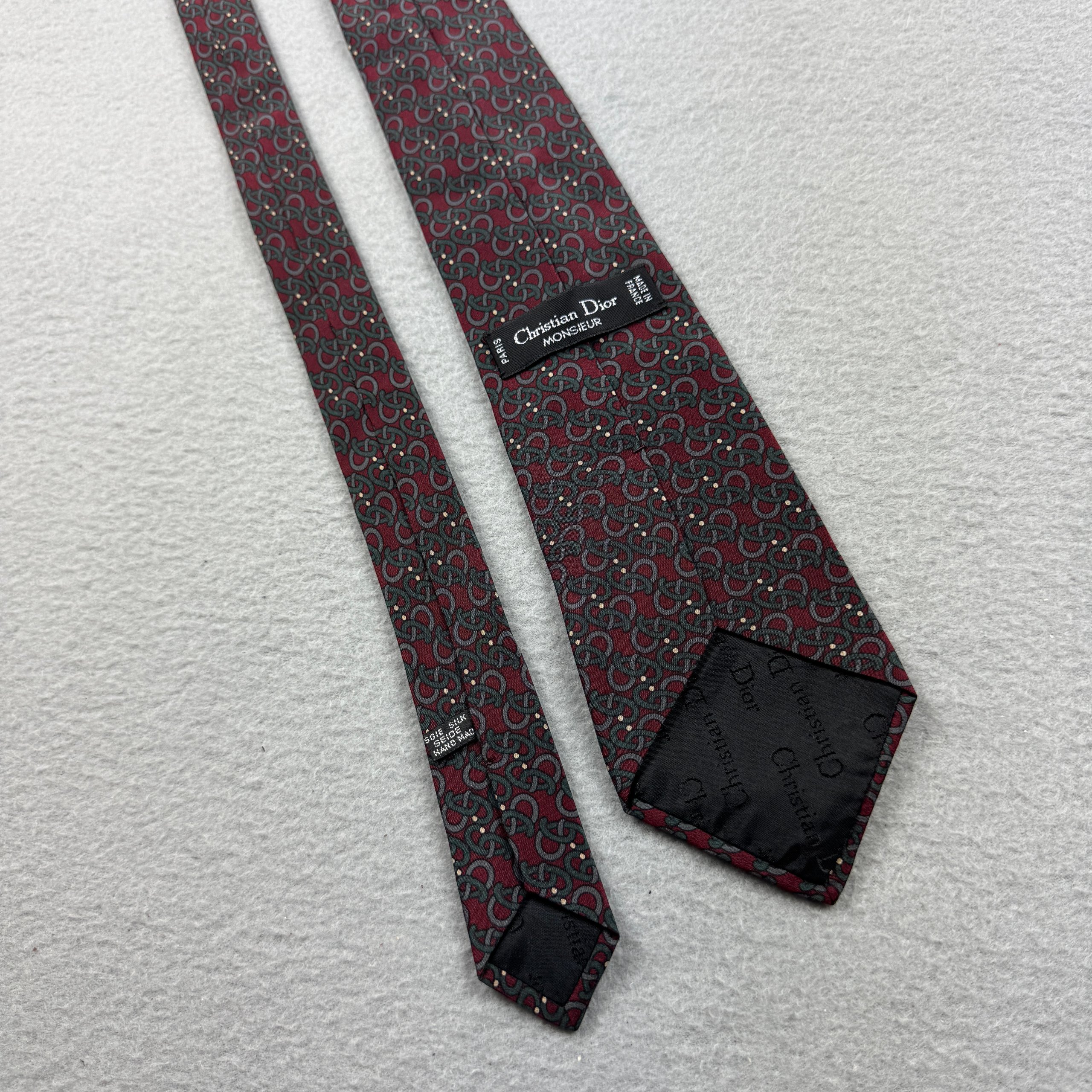 Christian Dior Burgundy & Grey Patterned Silk Handmade Tie
