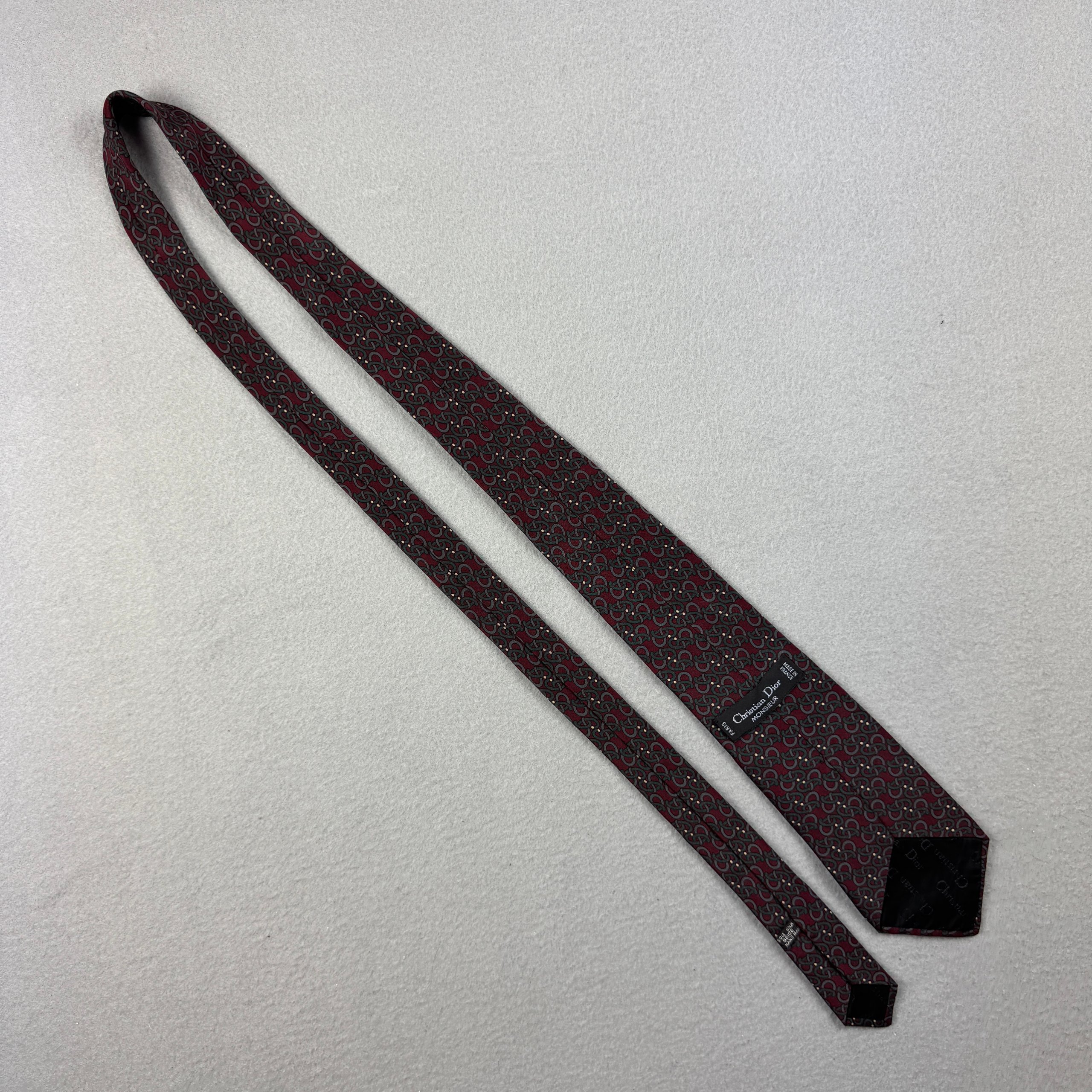 Christian Dior Burgundy & Grey Patterned Silk Handmade Tie image 3