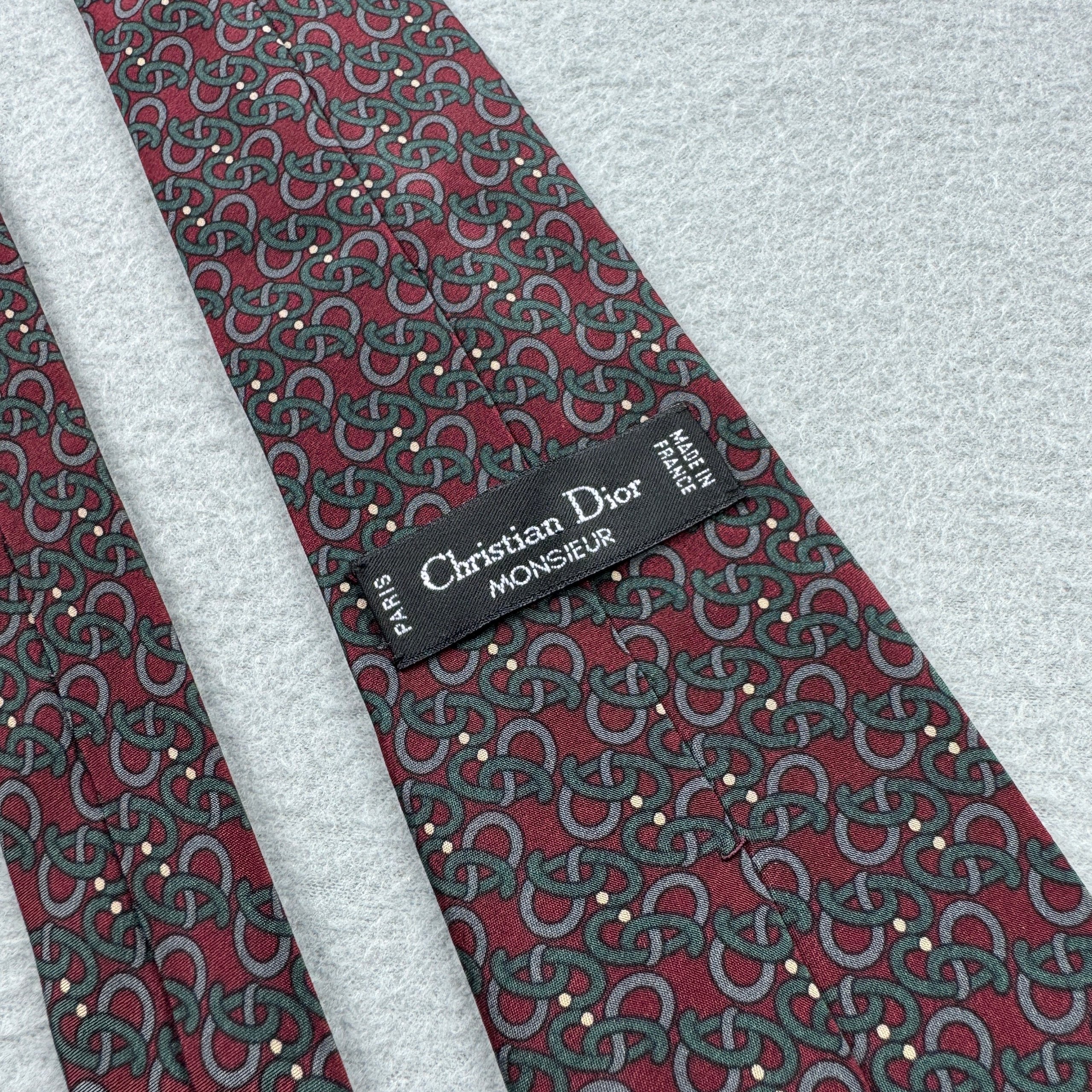Christian Dior Burgundy & Grey Patterned Silk Handmade Tie image 5