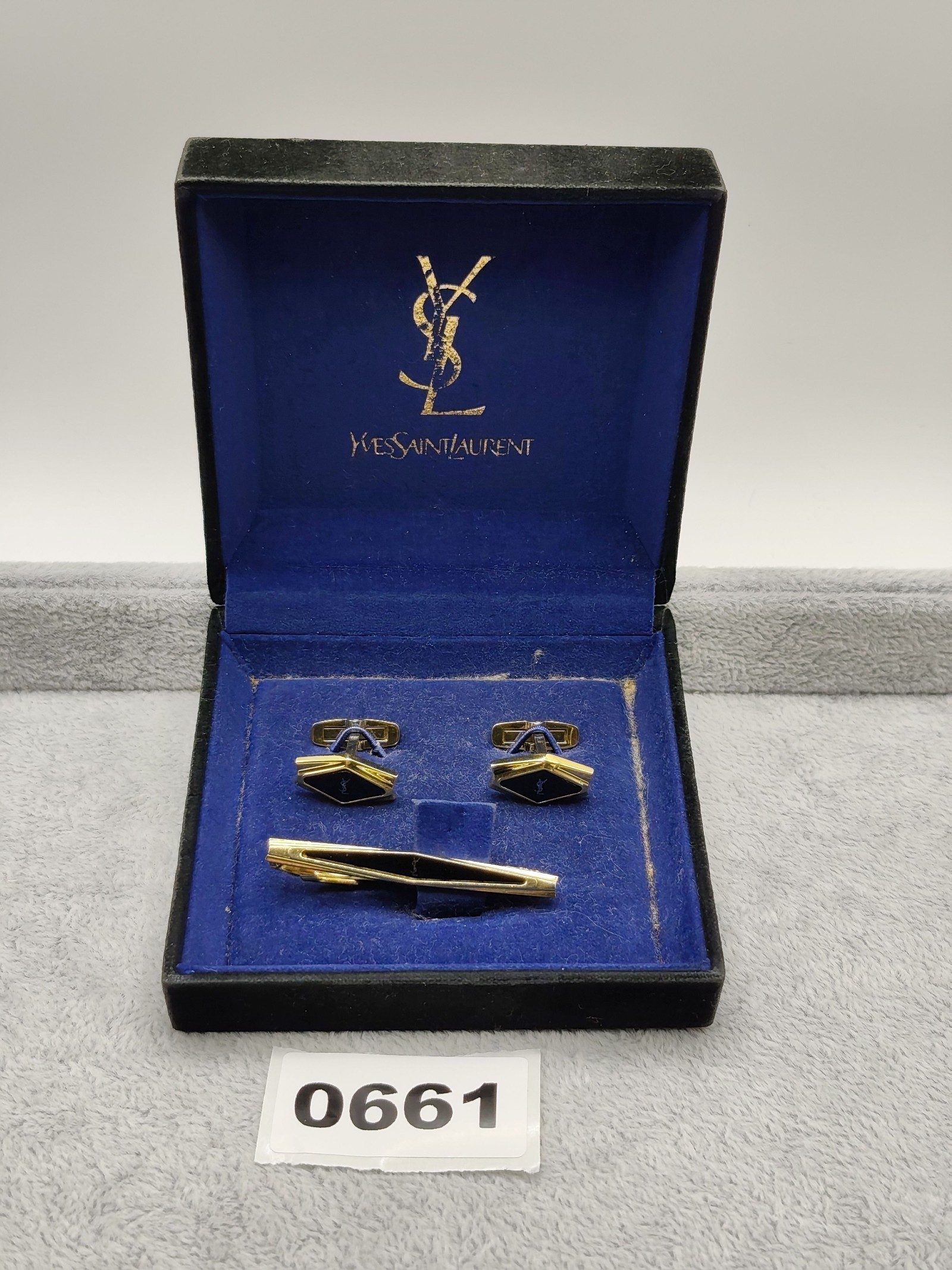 Yves Saint Laurent Gold & Black Cufflinks & Tie Clip Set