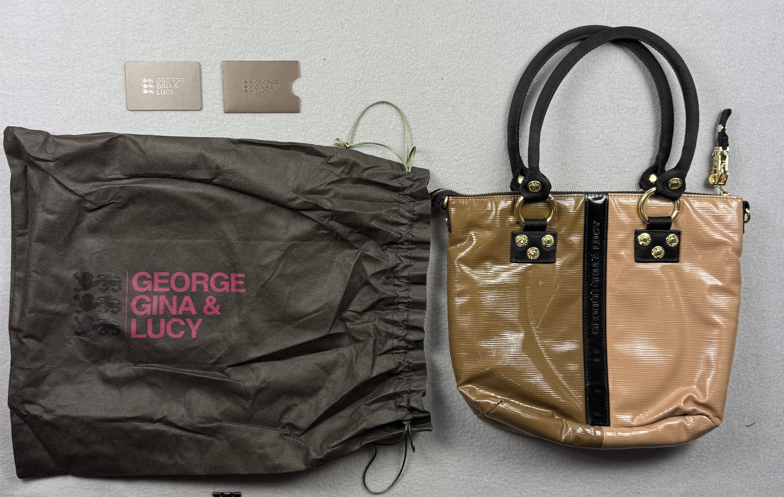 George Gina & Lucy Fainaway Y2K GGL Brown & Beige Patent Leather Tote Bag