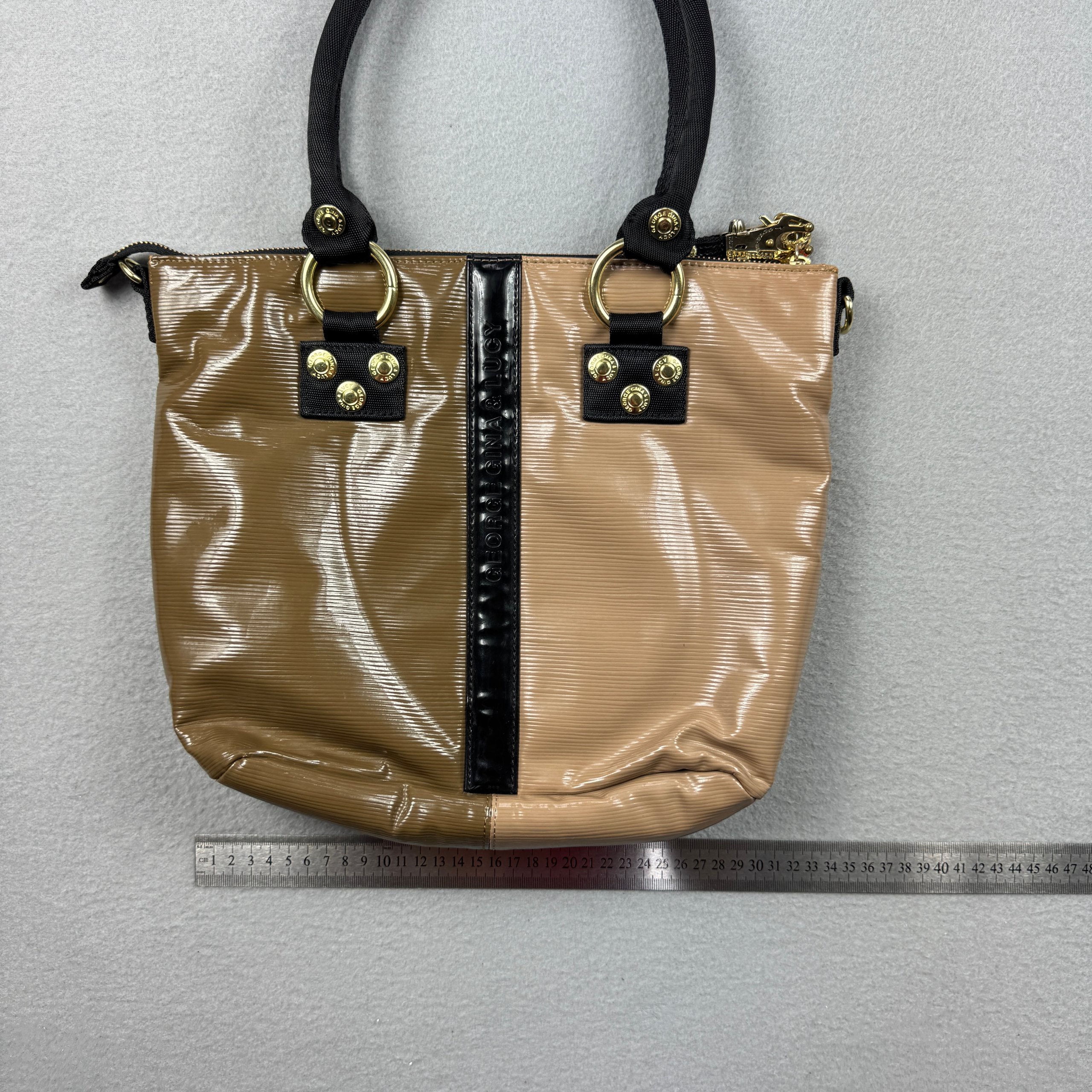 George Gina & Lucy Fainaway Y2K GGL Brown & Beige Patent Leather Tote Bag image 3