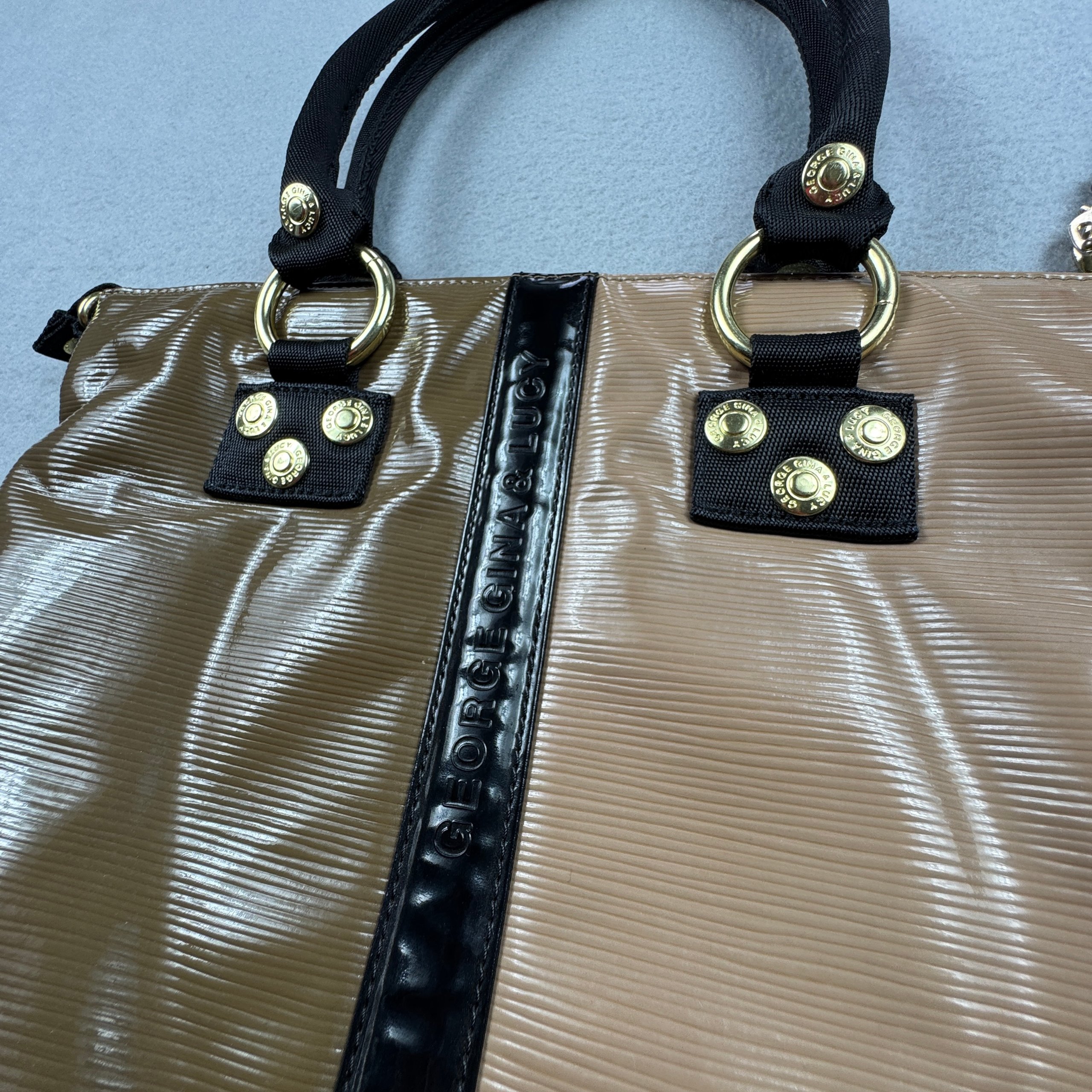 George Gina & Lucy Fainaway Y2K GGL Brown & Beige Patent Leather Tote Bag image 8