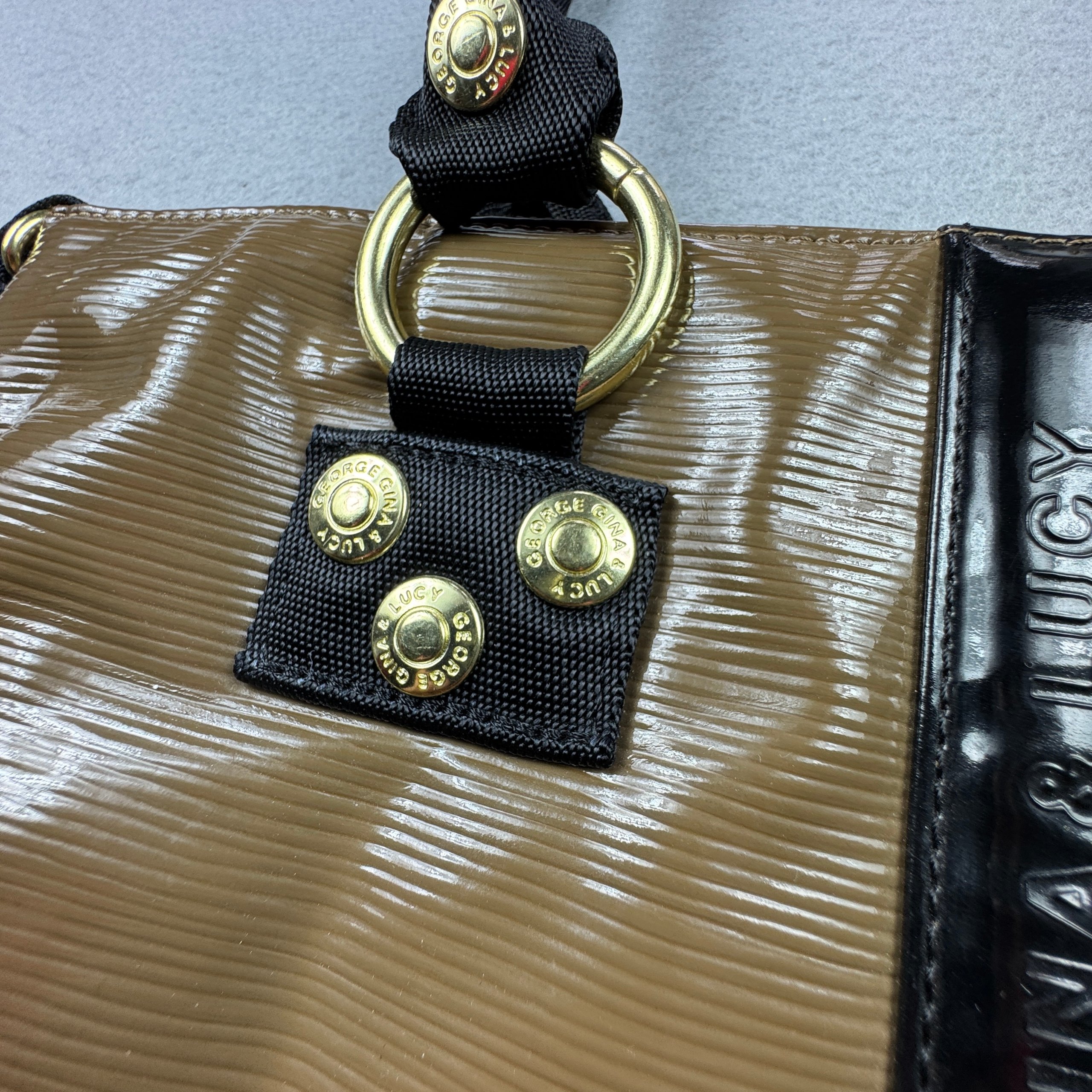 George Gina & Lucy Fainaway Y2K GGL Brown & Beige Patent Leather Tote Bag image 9