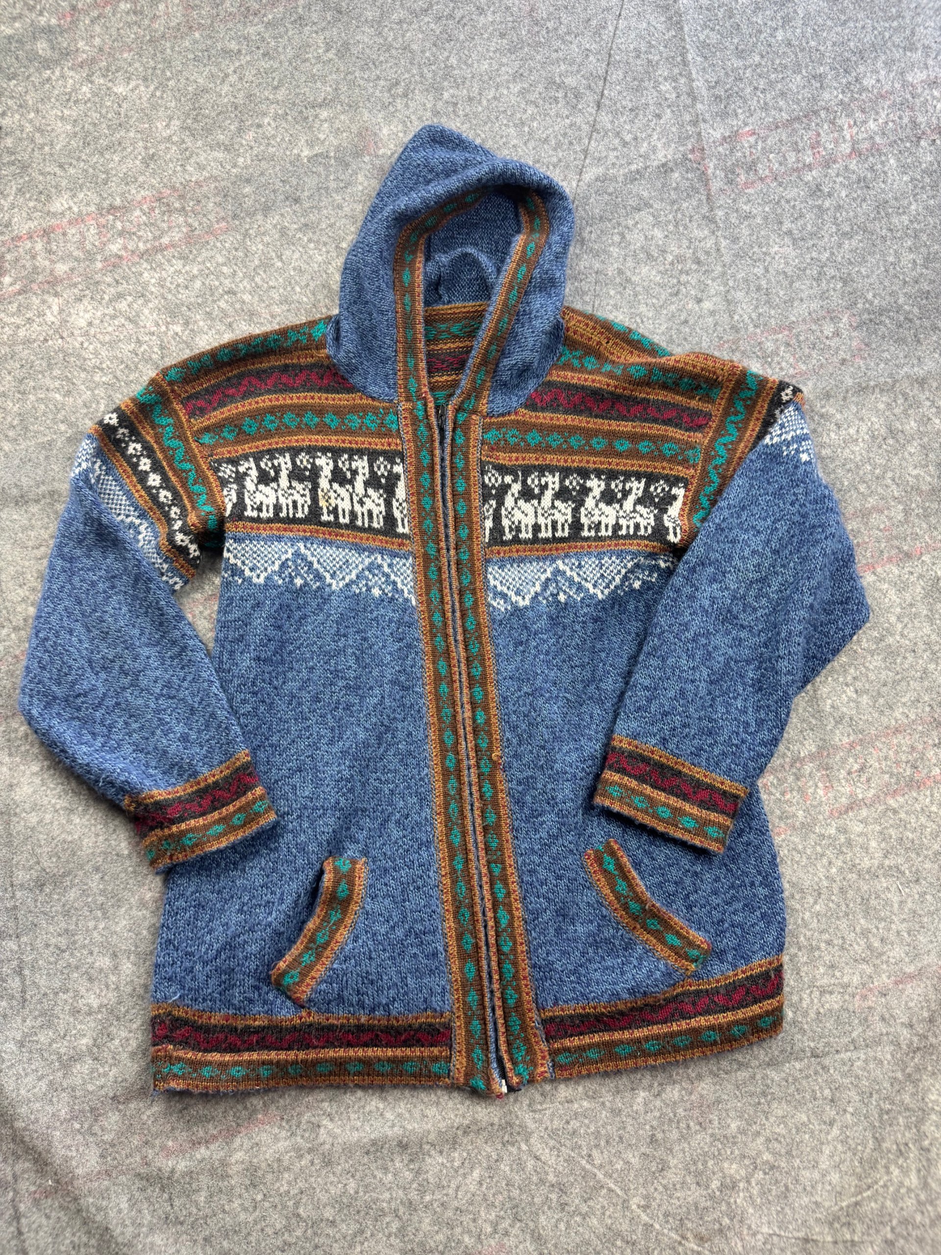 Blue Fair Isle Zip Hooded Wool Cardigan Coatigan Large - Llama Motif