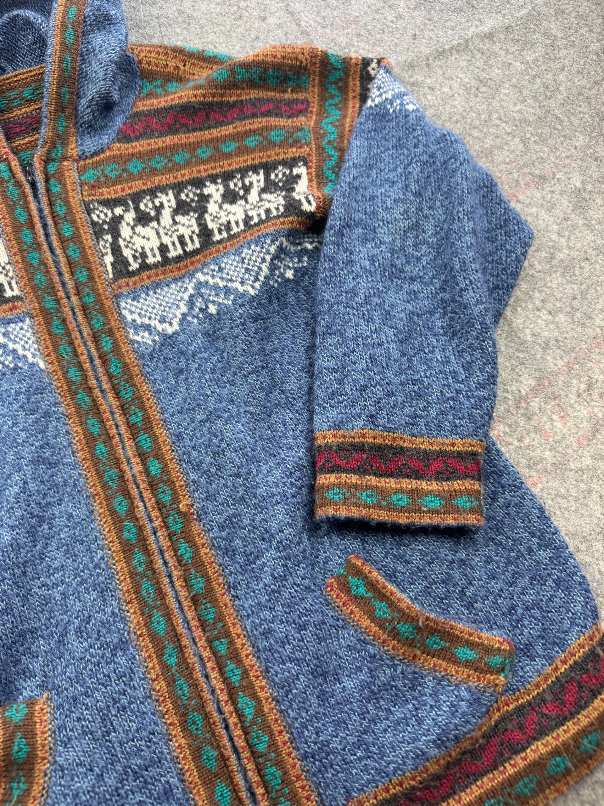 Blue Fair Isle Zip Hooded Wool Cardigan Coatigan Large - Llama Motif image 2