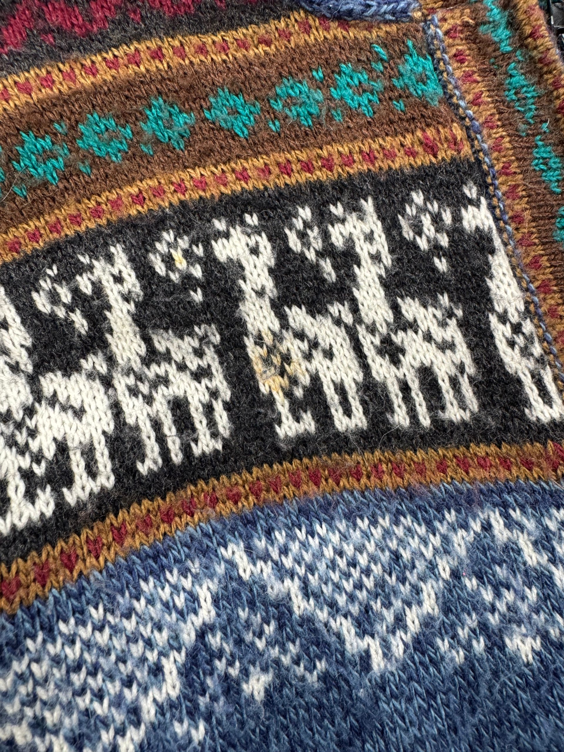 Blue Fair Isle Zip Hooded Wool Cardigan Coatigan Large - Llama Motif image 3