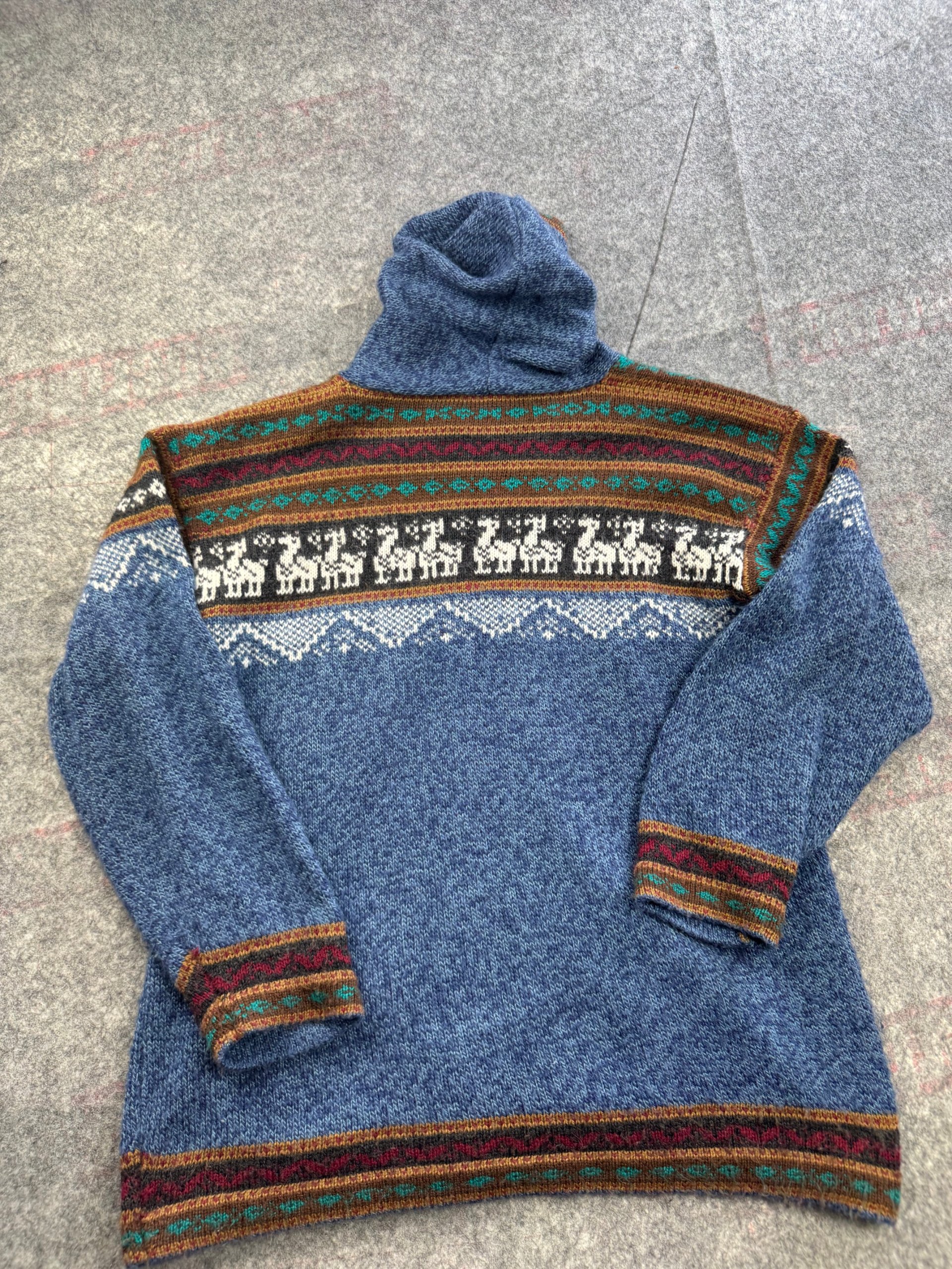 Blue Fair Isle Zip Hooded Wool Cardigan Coatigan Large - Llama Motif image 4