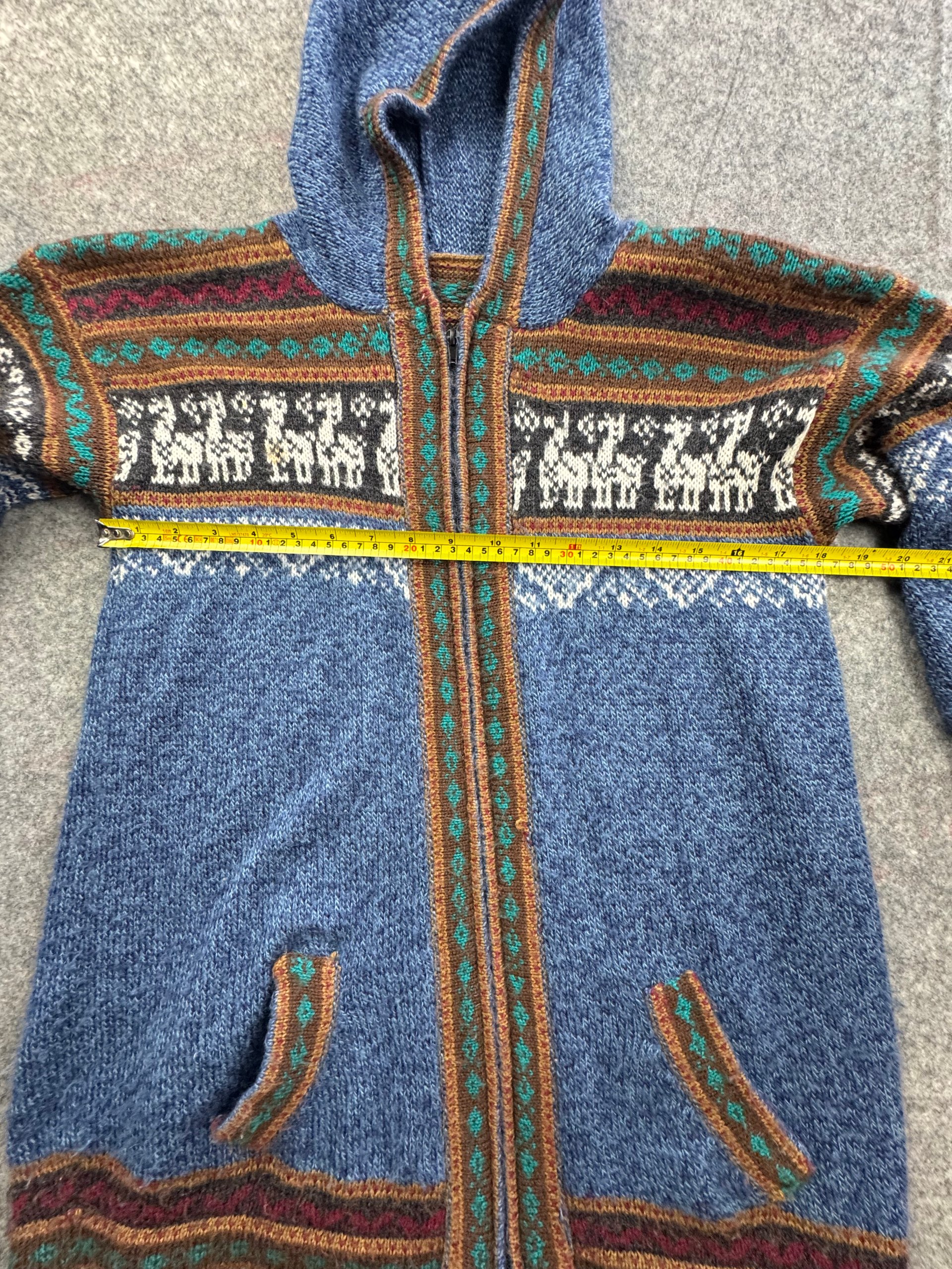 Blue Fair Isle Zip Hooded Wool Cardigan Coatigan Large - Llama Motif image 5