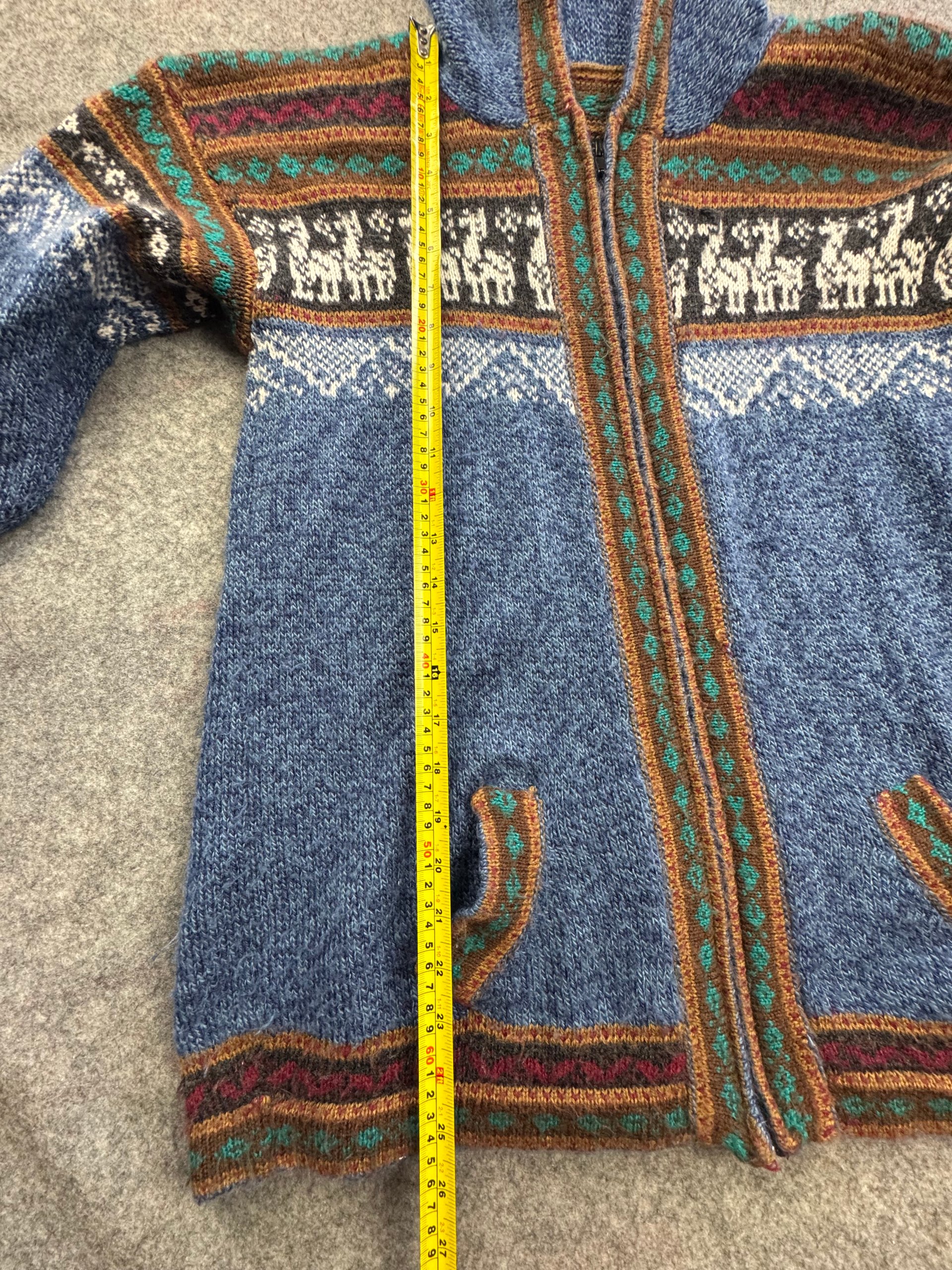 Blue Fair Isle Zip Hooded Wool Cardigan Coatigan Large - Llama Motif image 6