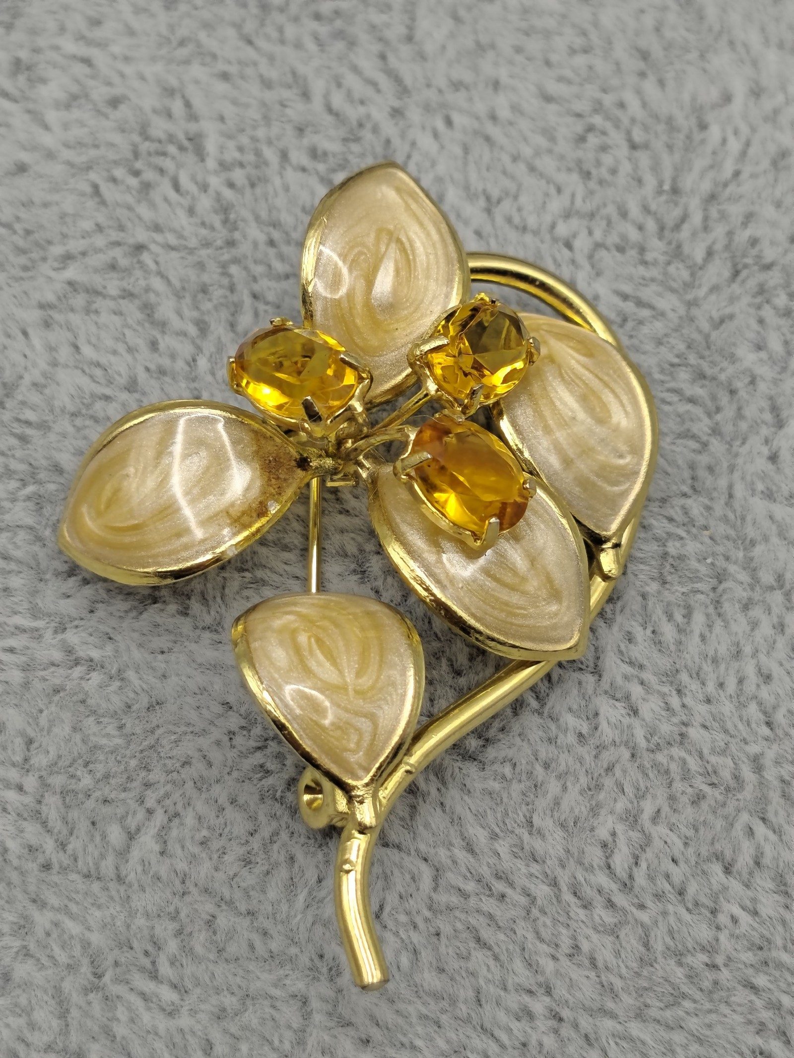 Gold Tone Cream & Amber Floral Leaf Brooch 5 cm image 4