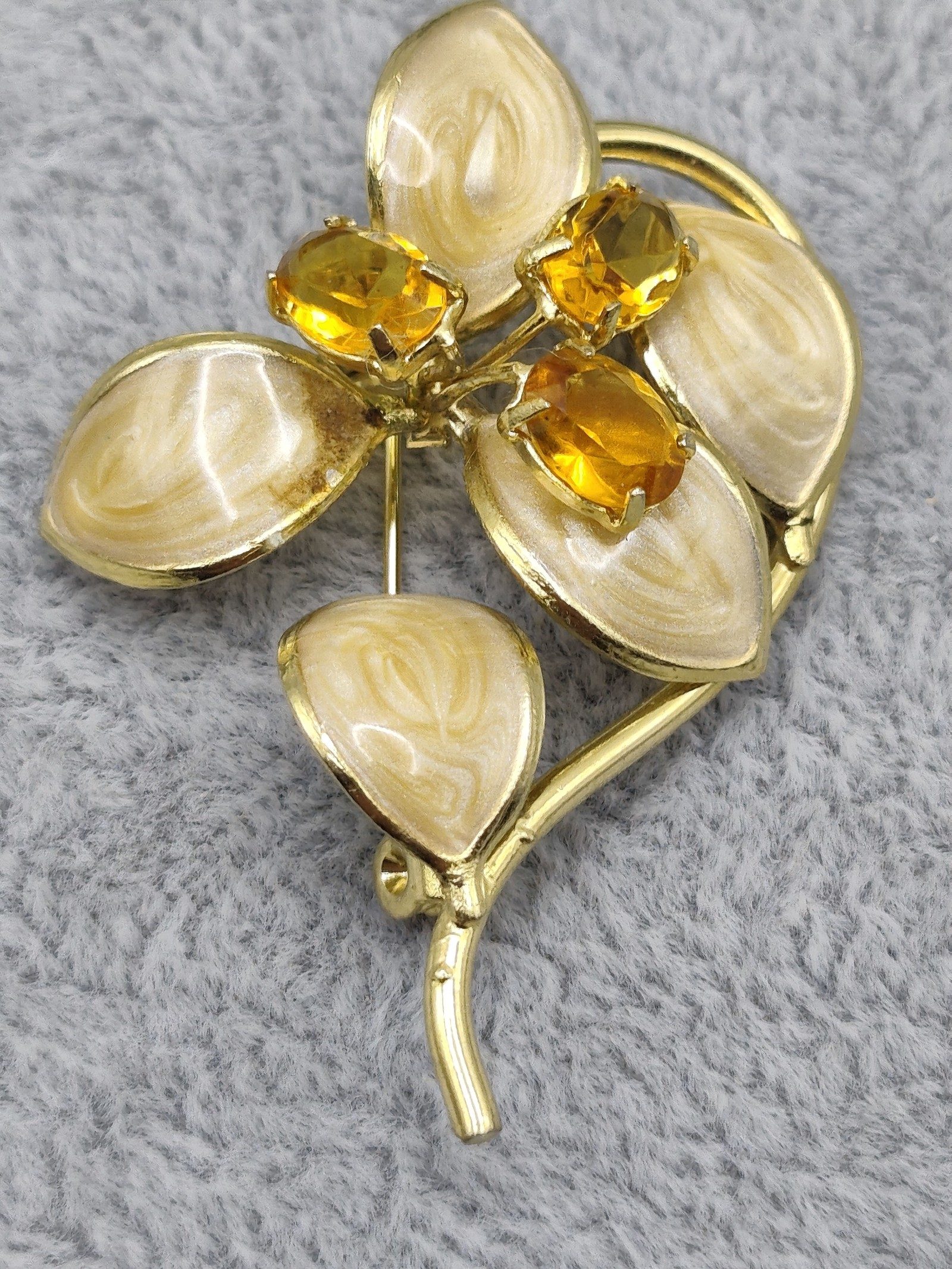 Gold Tone Cream & Amber Floral Leaf Brooch 5 cm image 6