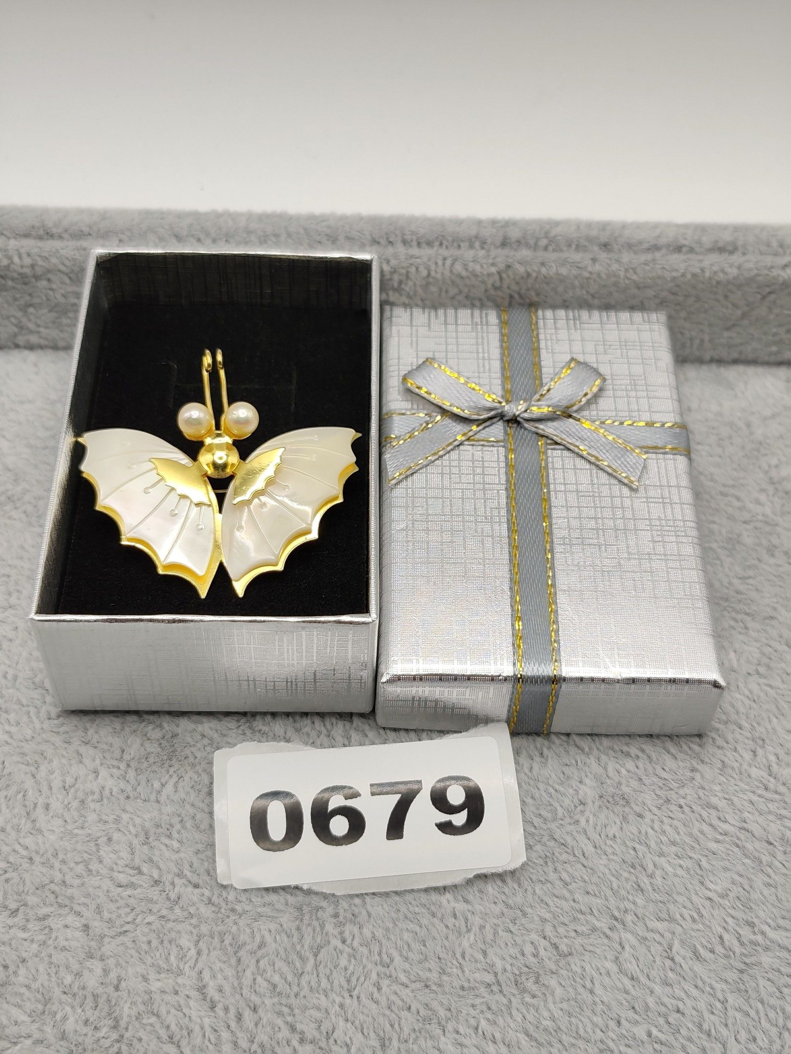 Gold & Pearl Butterfly Brooch with White Wings