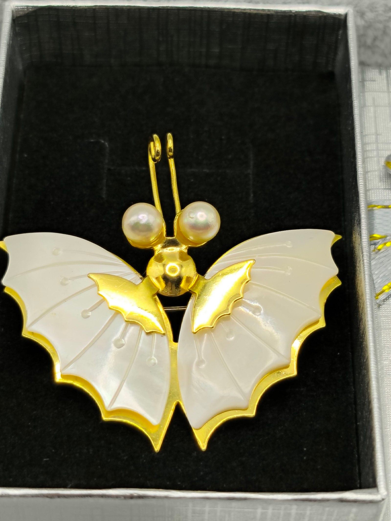 Gold & Pearl Butterfly Brooch with White Wings image 2