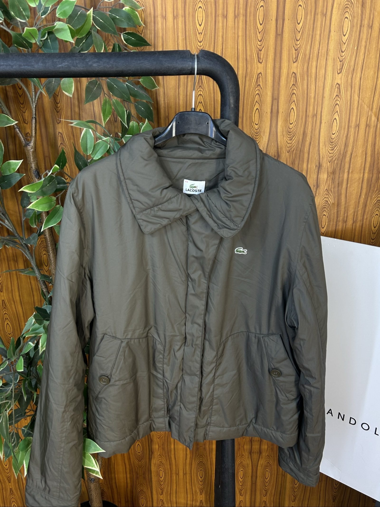 Lacoste Khaki Padded Jacket Size 44 Croc Logo Button Pockets