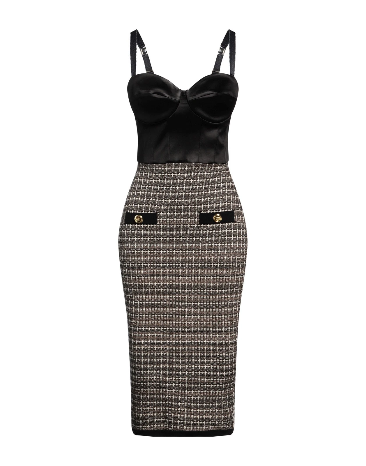 New Elisabetta Franchi Tweed & Satin Bustier Midi Dress Size S
