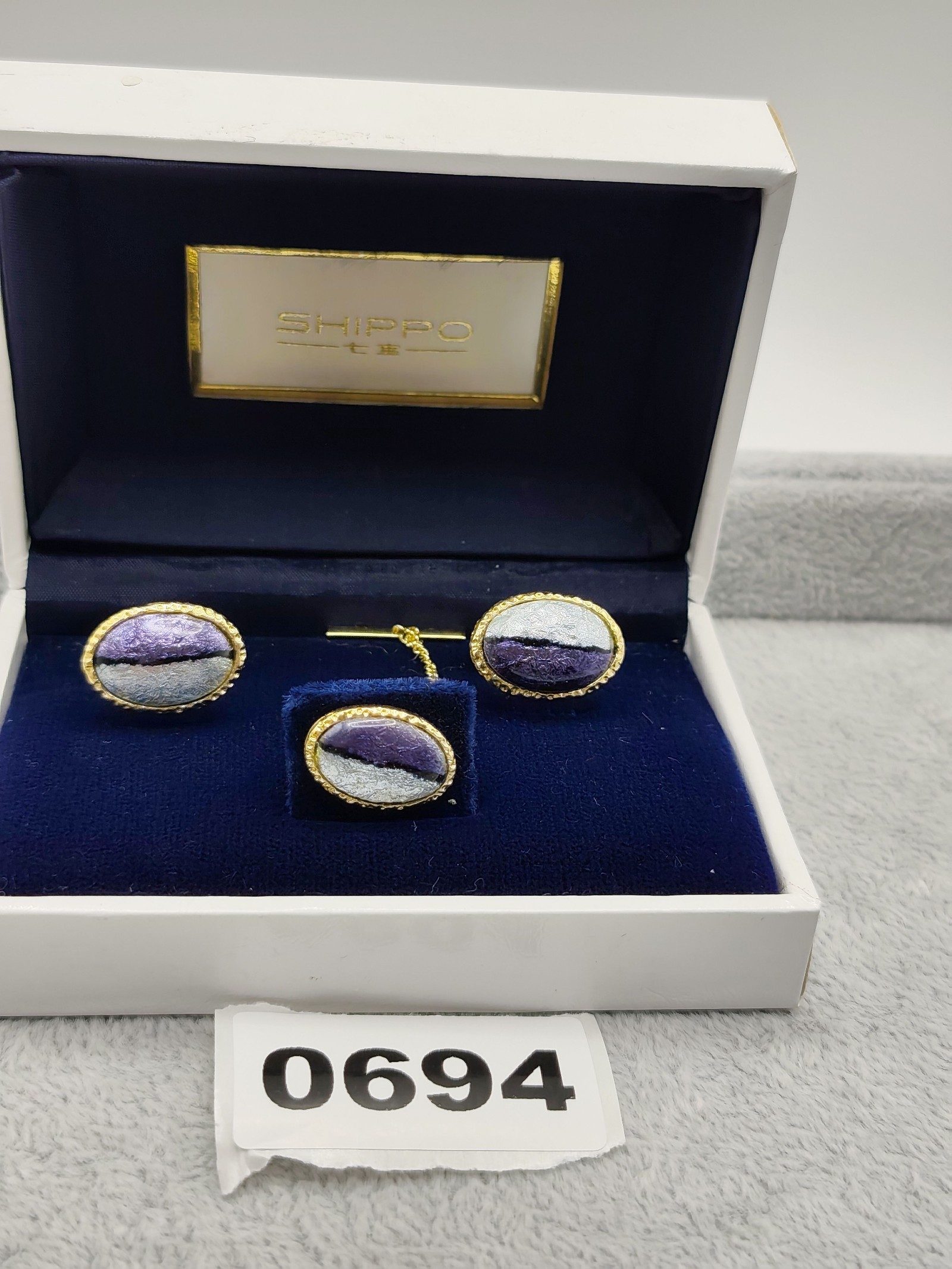 Shippo Purple & Silver Patterned Cufflinks & Tie Pin Set