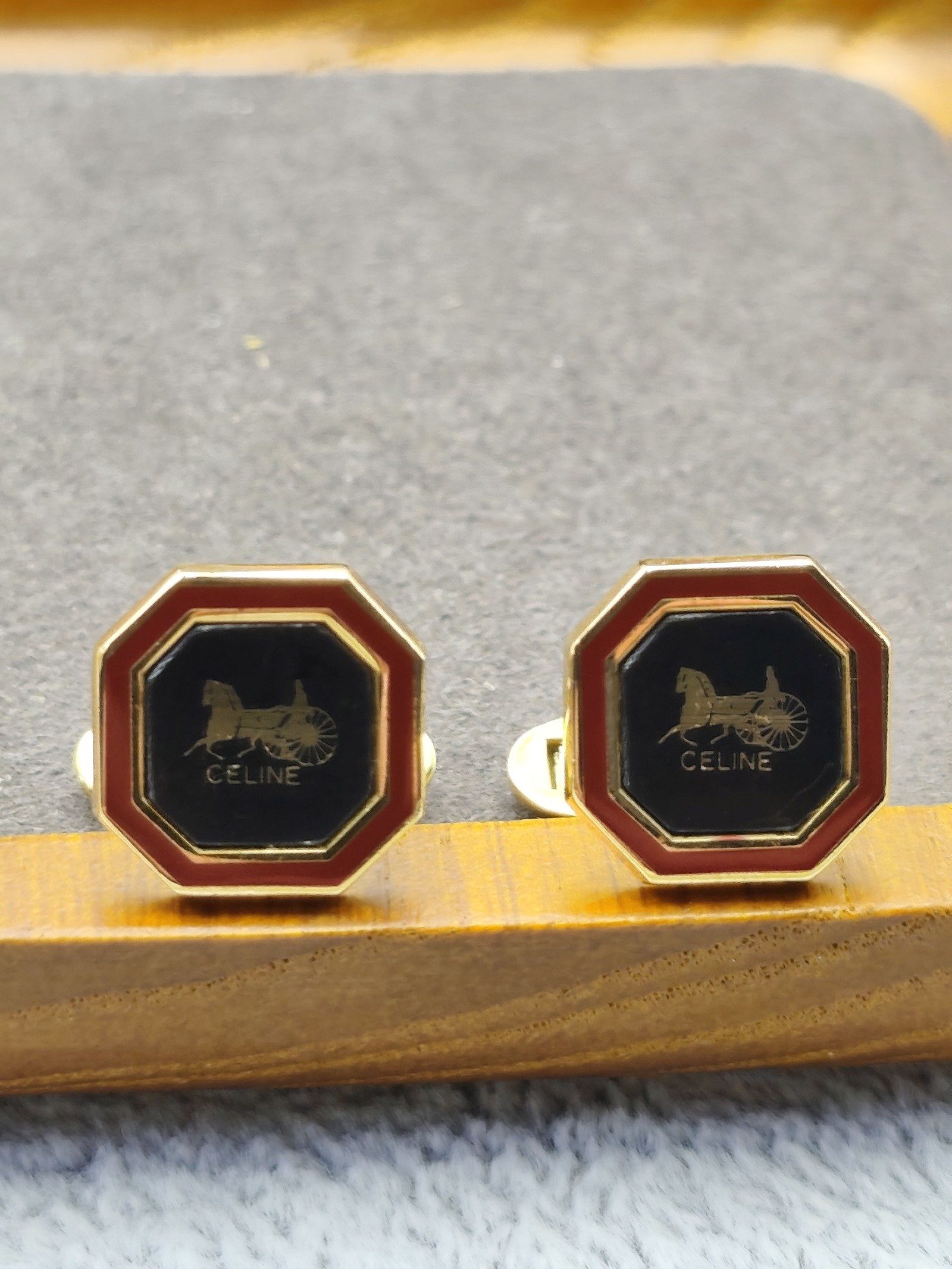 Celine Black & Red Octagonal Logo Cufflinks image 3