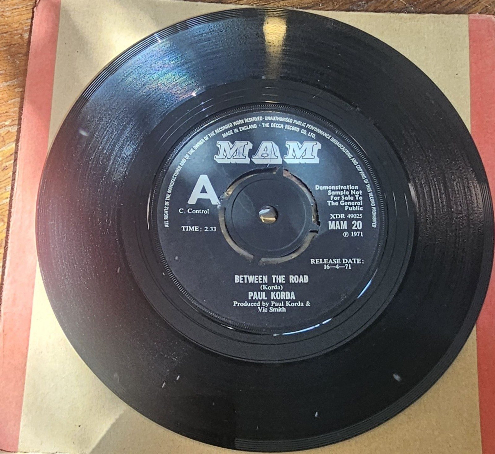 Paul Korda Between The Road MAM 20 7" PROMO single