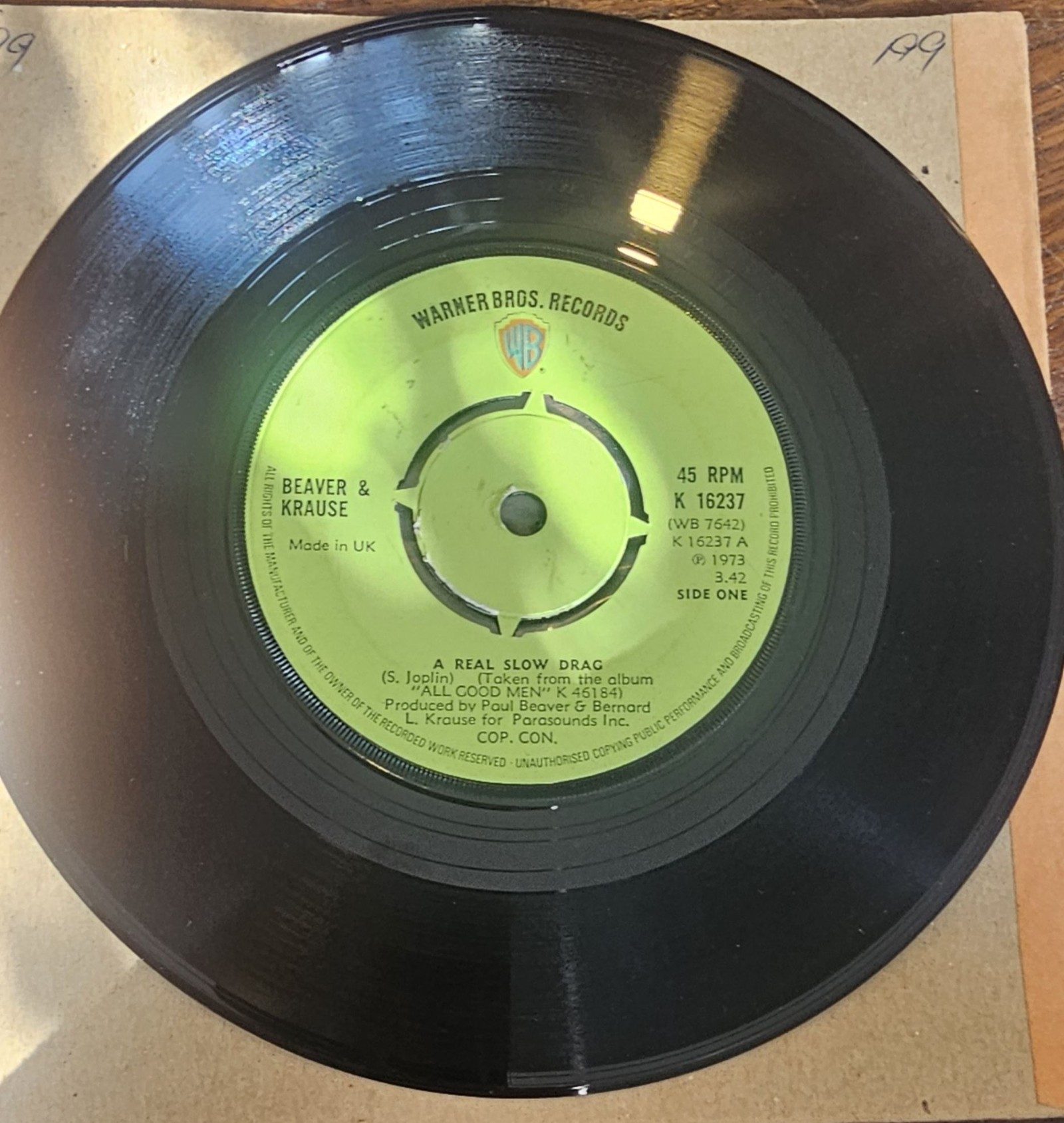 Beaver & Krause A Real Slow Drag Warner Bros. K 16237 7"