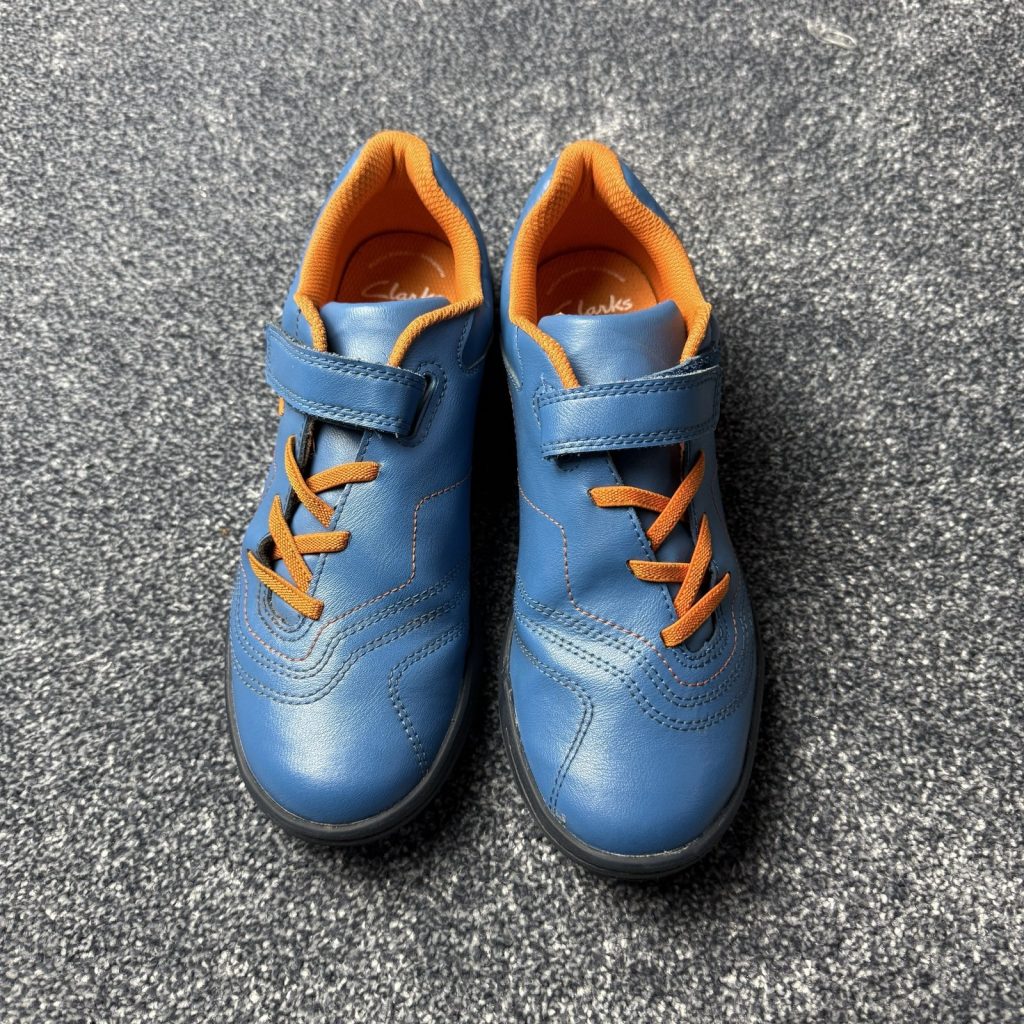 Clarks Kids Blue Orange Leather Shoes UK 4.5 G EU 37.5 Hook & Loop