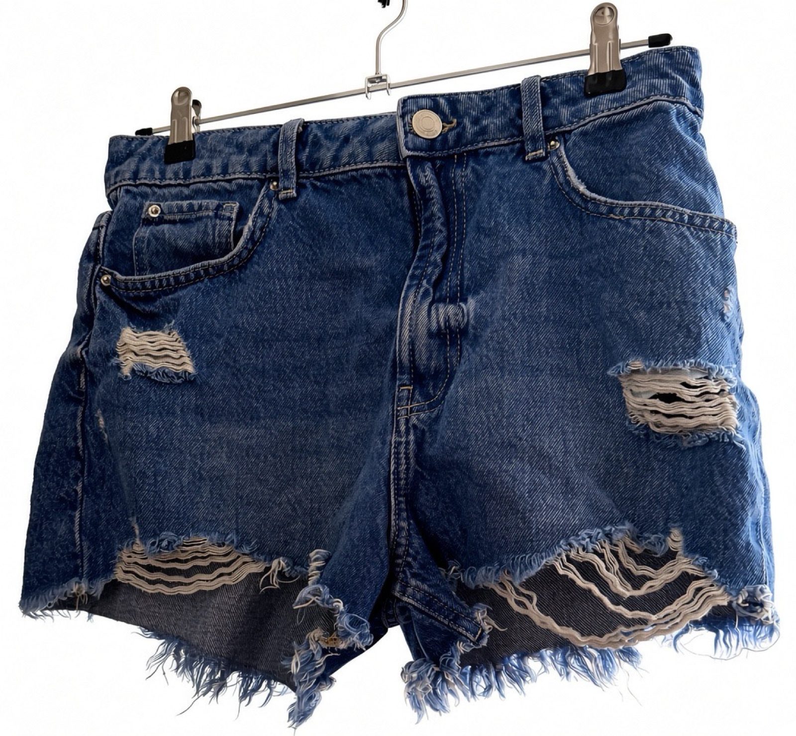 Distressed Ripped Denim Shorts – Mid Blue